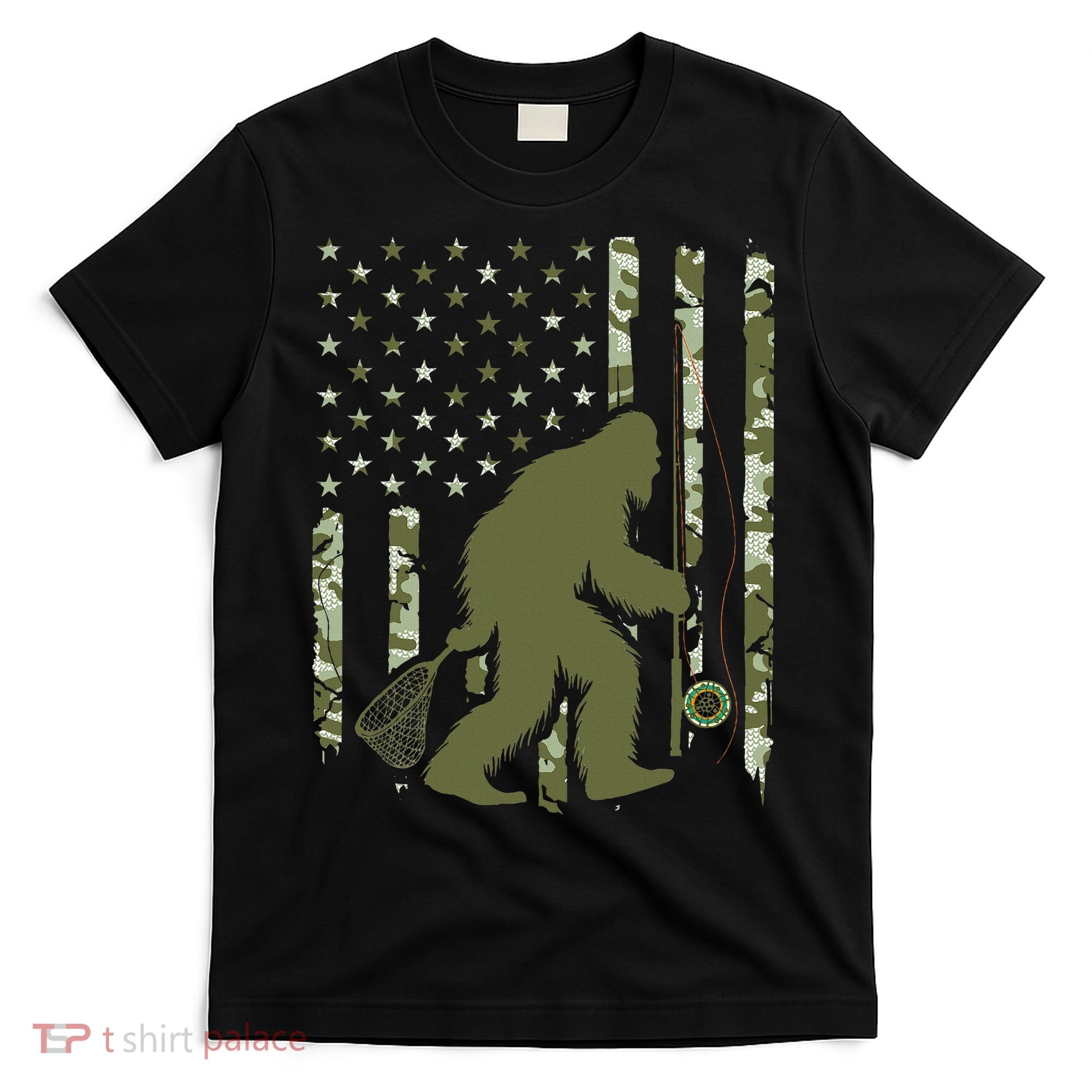 Bigfoot Sasquatch Fly Fishing American Flag Camo Vintage T-Shirt