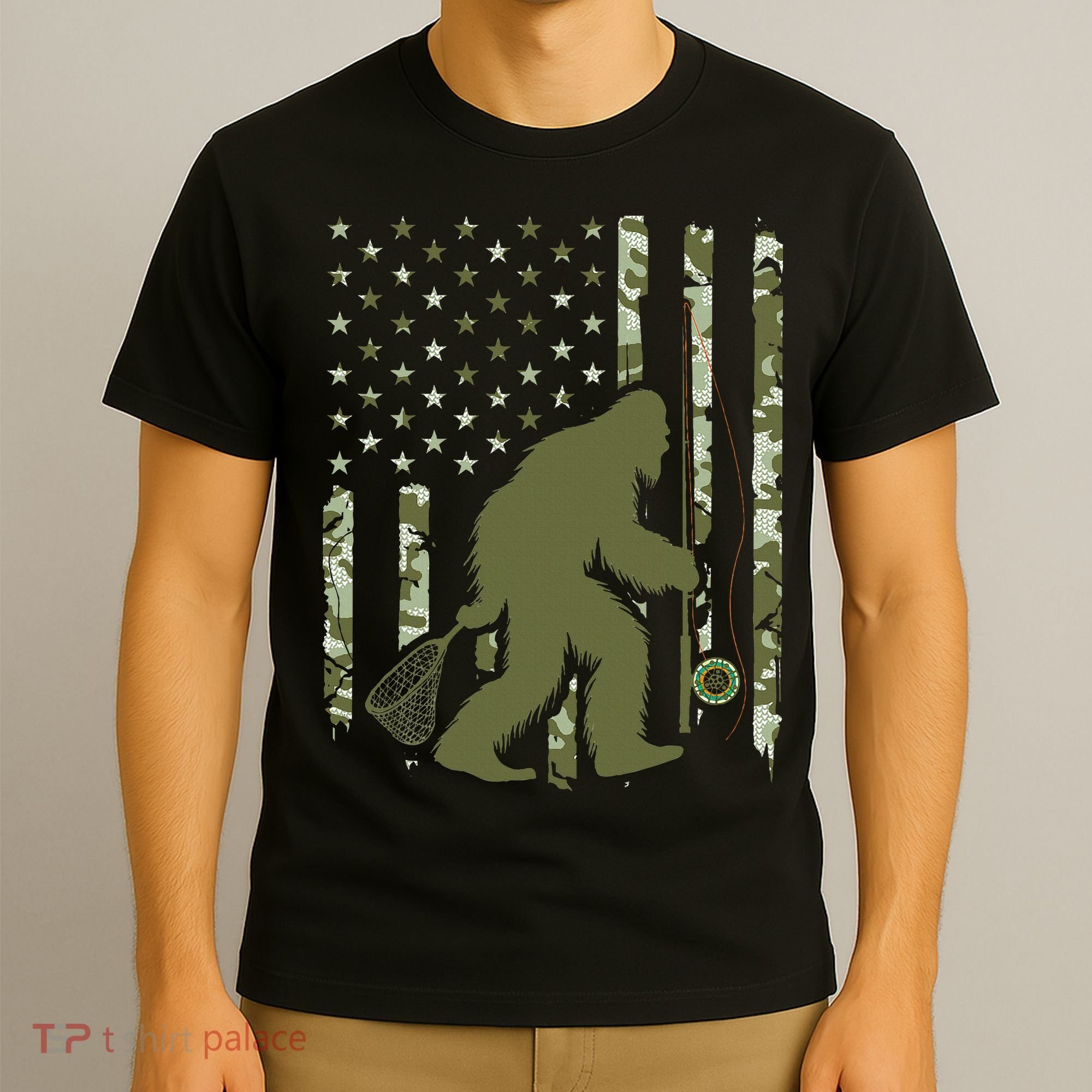Bigfoot Sasquatch Fly Fishing American Flag Camo Vintage T-Shirt
