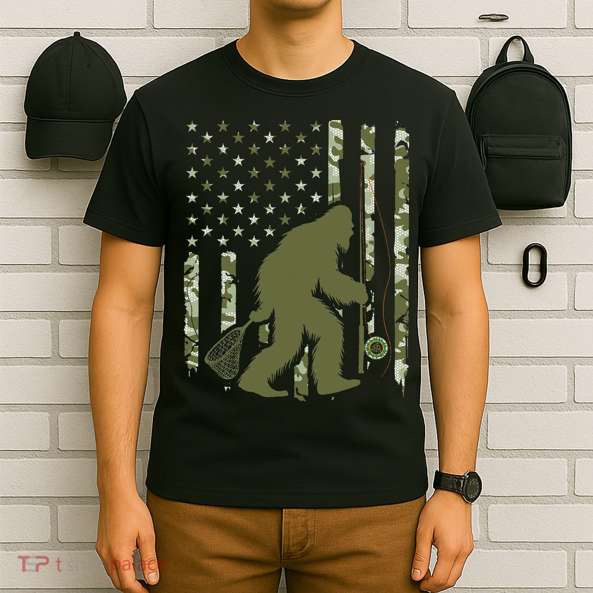 Bigfoot Sasquatch Fly Fishing American Flag Camo Vintage T-Shirt
