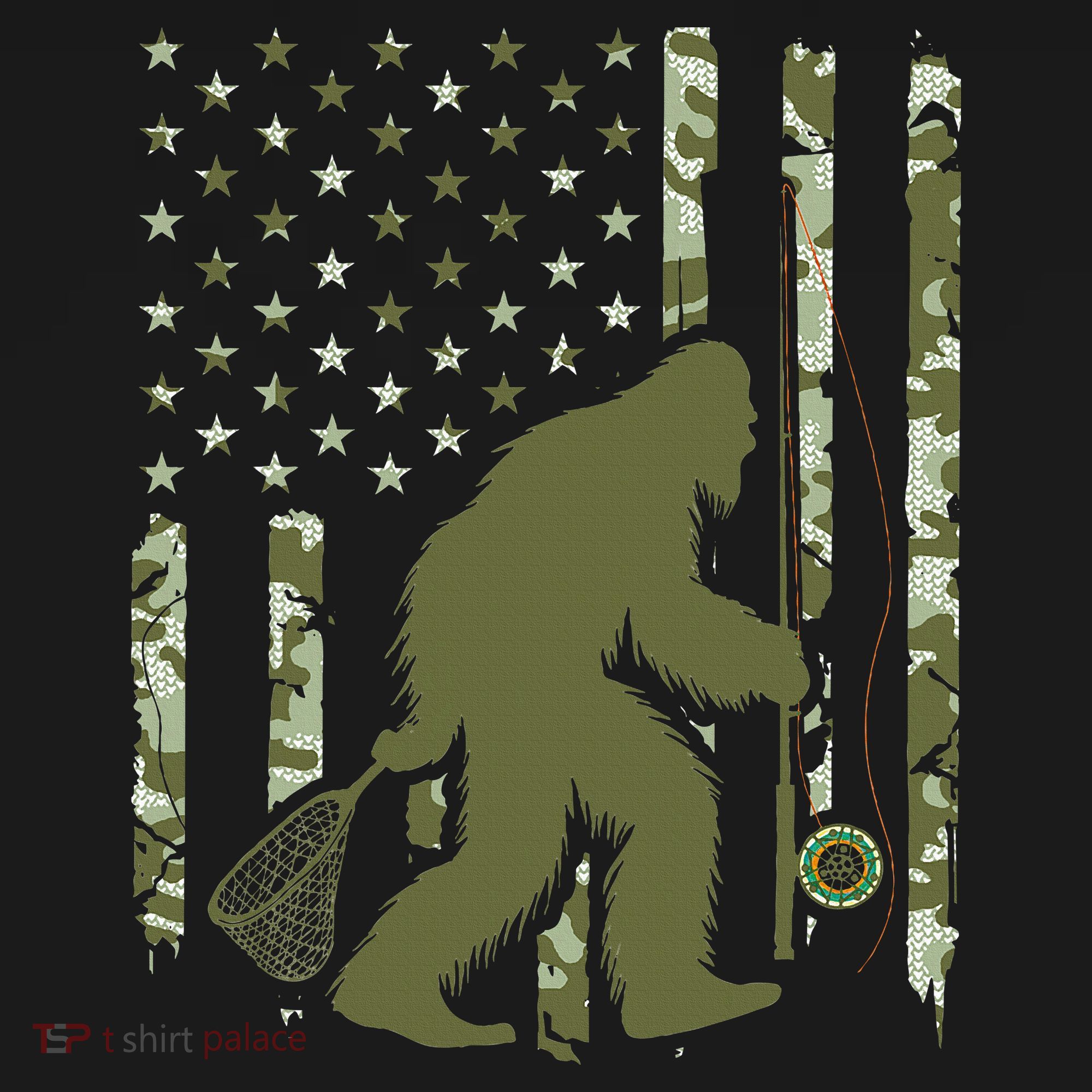 Bigfoot Sasquatch Fly Fishing American Flag Camo Vintage T-Shirt