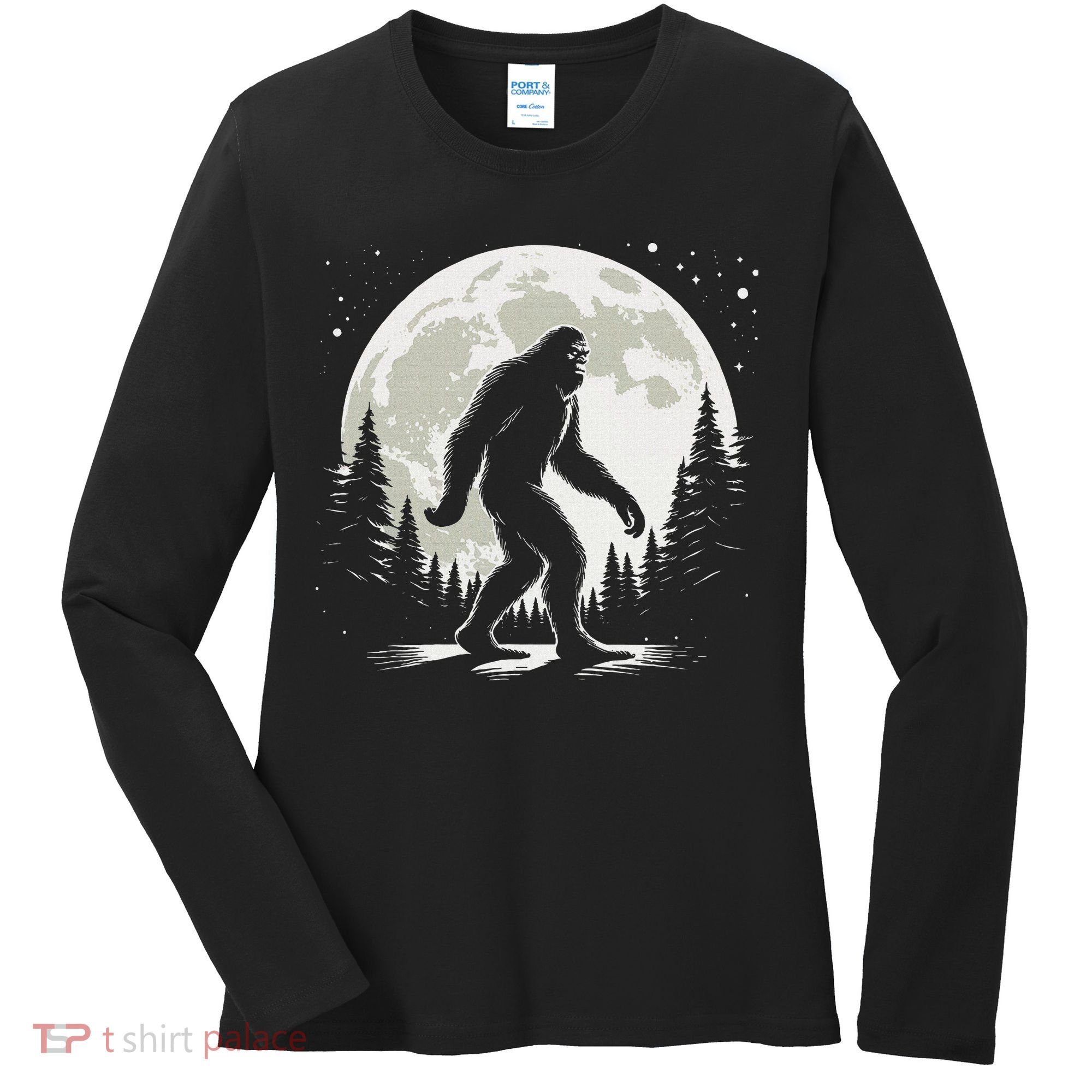 Bigfoot Sasquatch Full Moon Forest Graphic Funny Big Foot Women's Long Sleeve Shirt