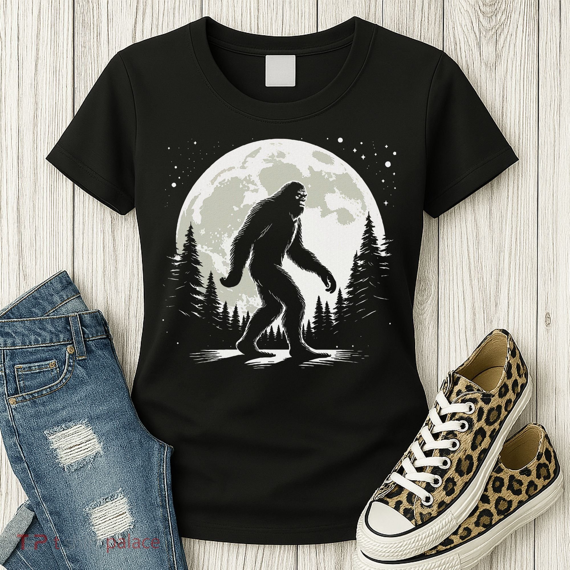 Bigfoot Sasquatch Full Moon Forest Graphic Funny Big Foot Women's T-Shirt
