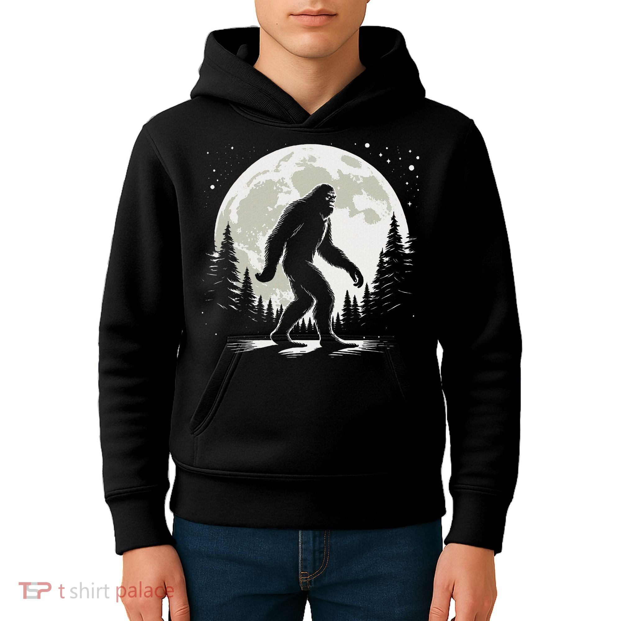 Bigfoot Sasquatch Full Moon Forest Graphic Funny Big Foot Kids Hoodie
