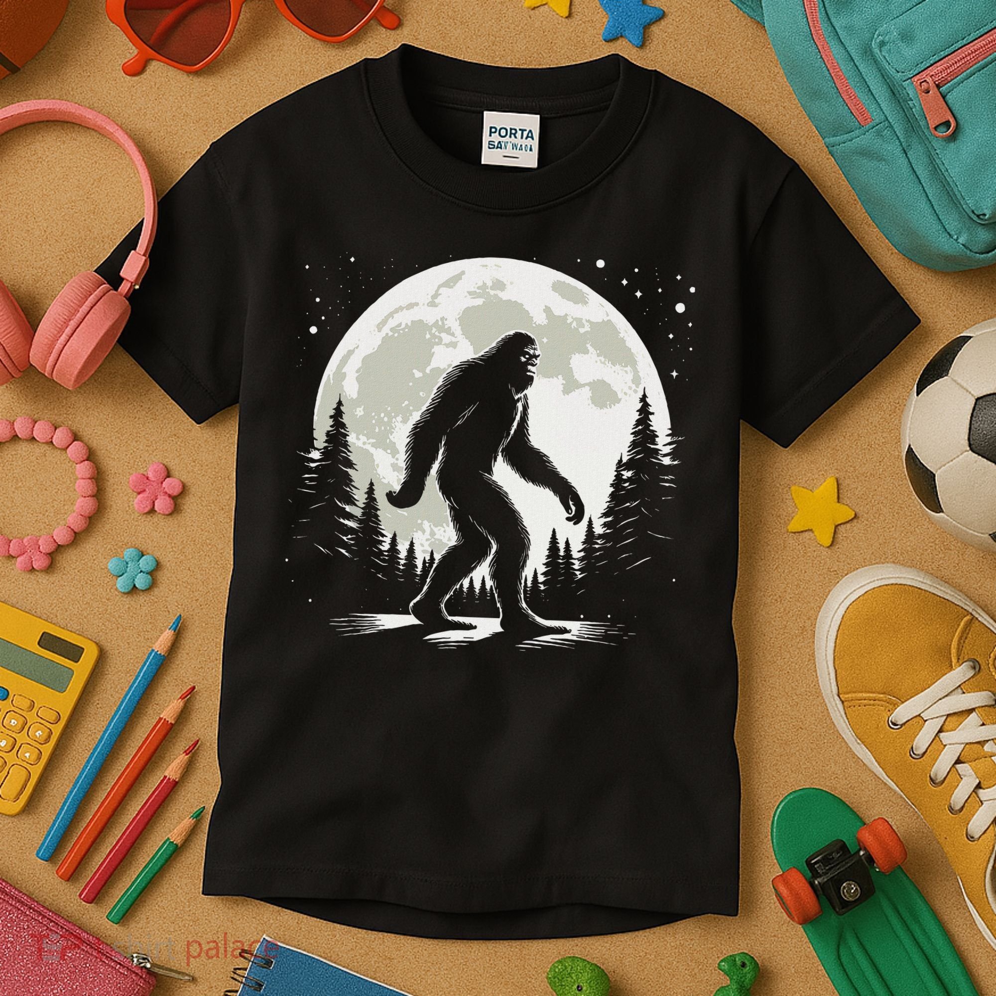 Bigfoot Sasquatch Full Moon Forest Graphic Funny Big Foot Kids T-Shirt