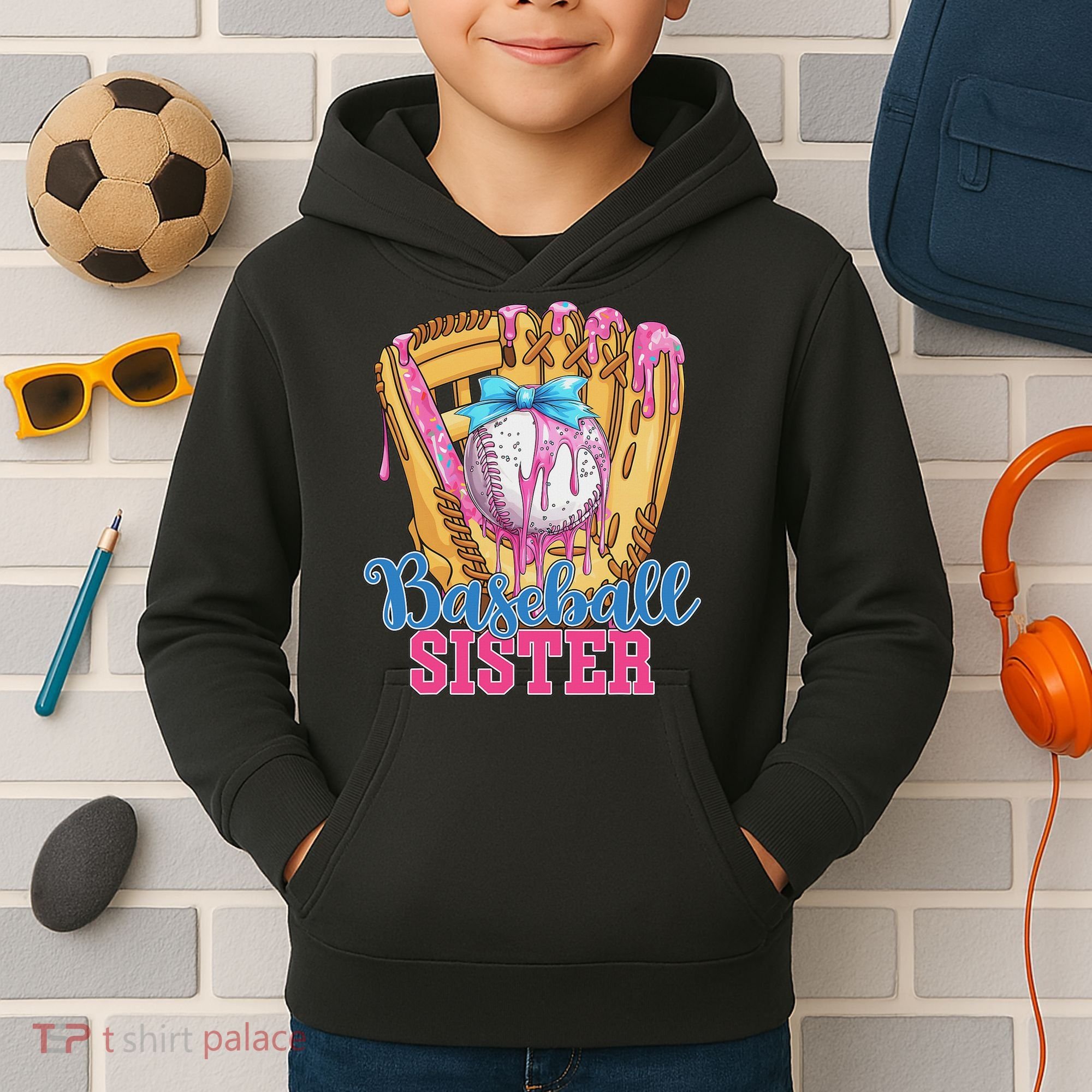 Baseball Sister Funny Baseball Ice Cream Drip Big Sister Kids Hoodie
