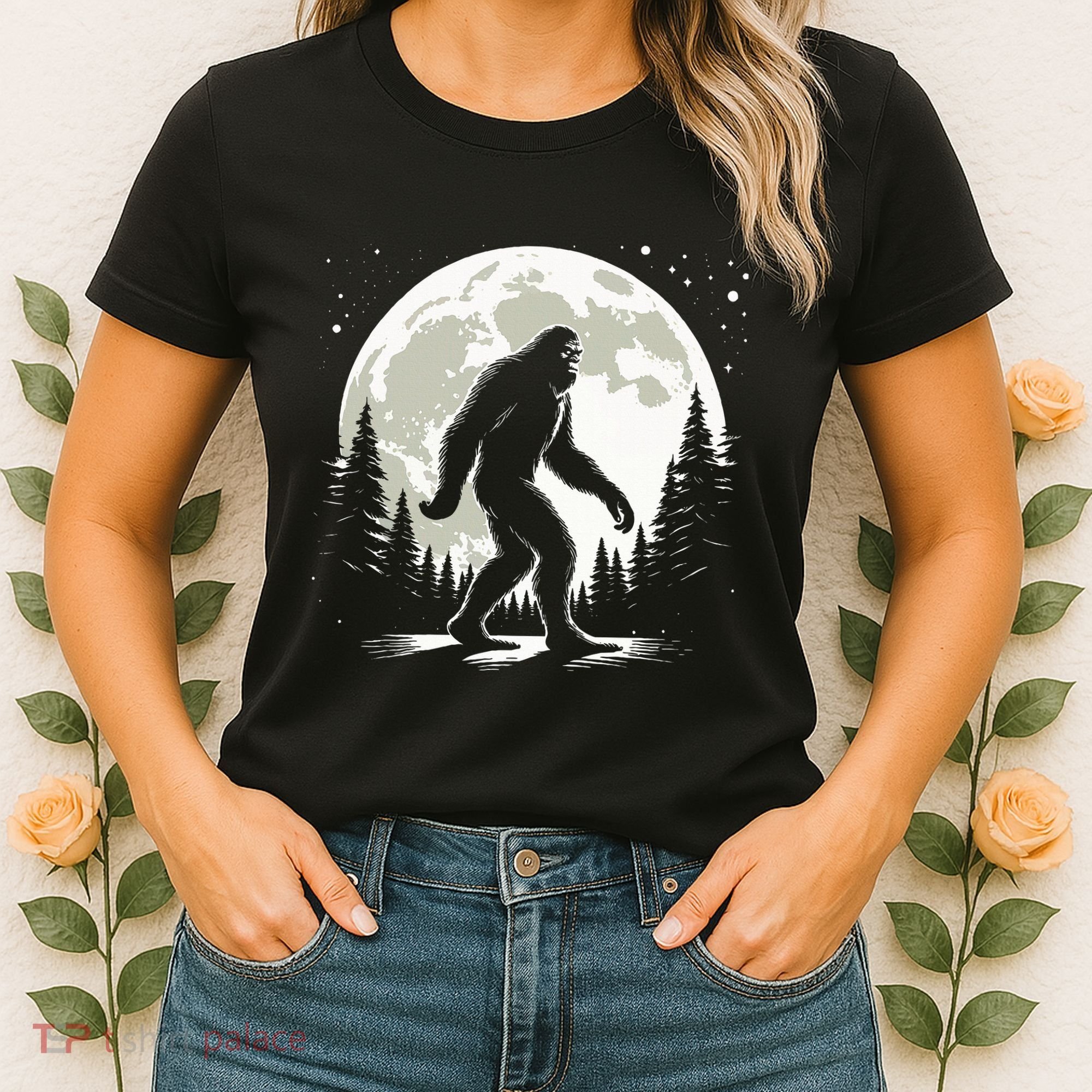 Bigfoot Sasquatch Full Moon Forest Graphic Funny Big Foot Women's T-Shirt