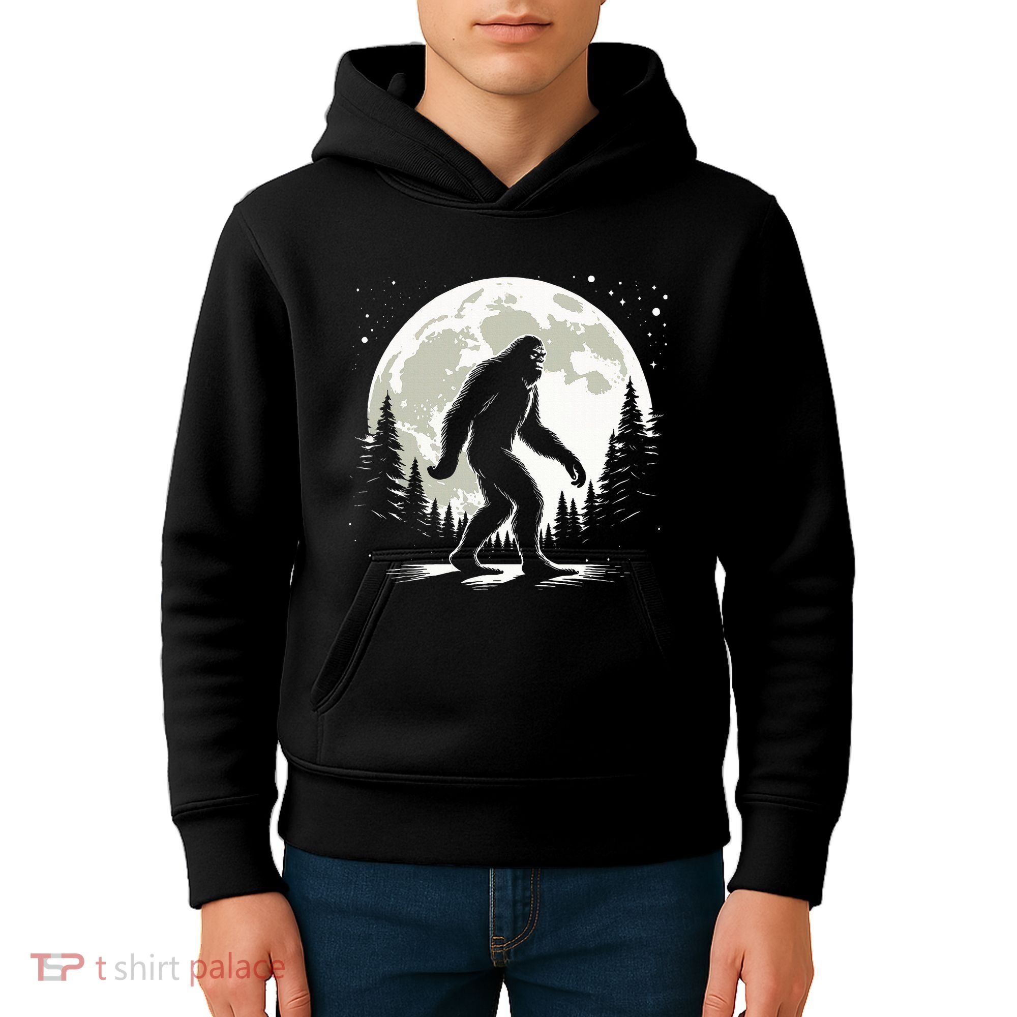 Bigfoot Sasquatch Full Moon Forest Graphic Funny Big Foot Kids Hoodie