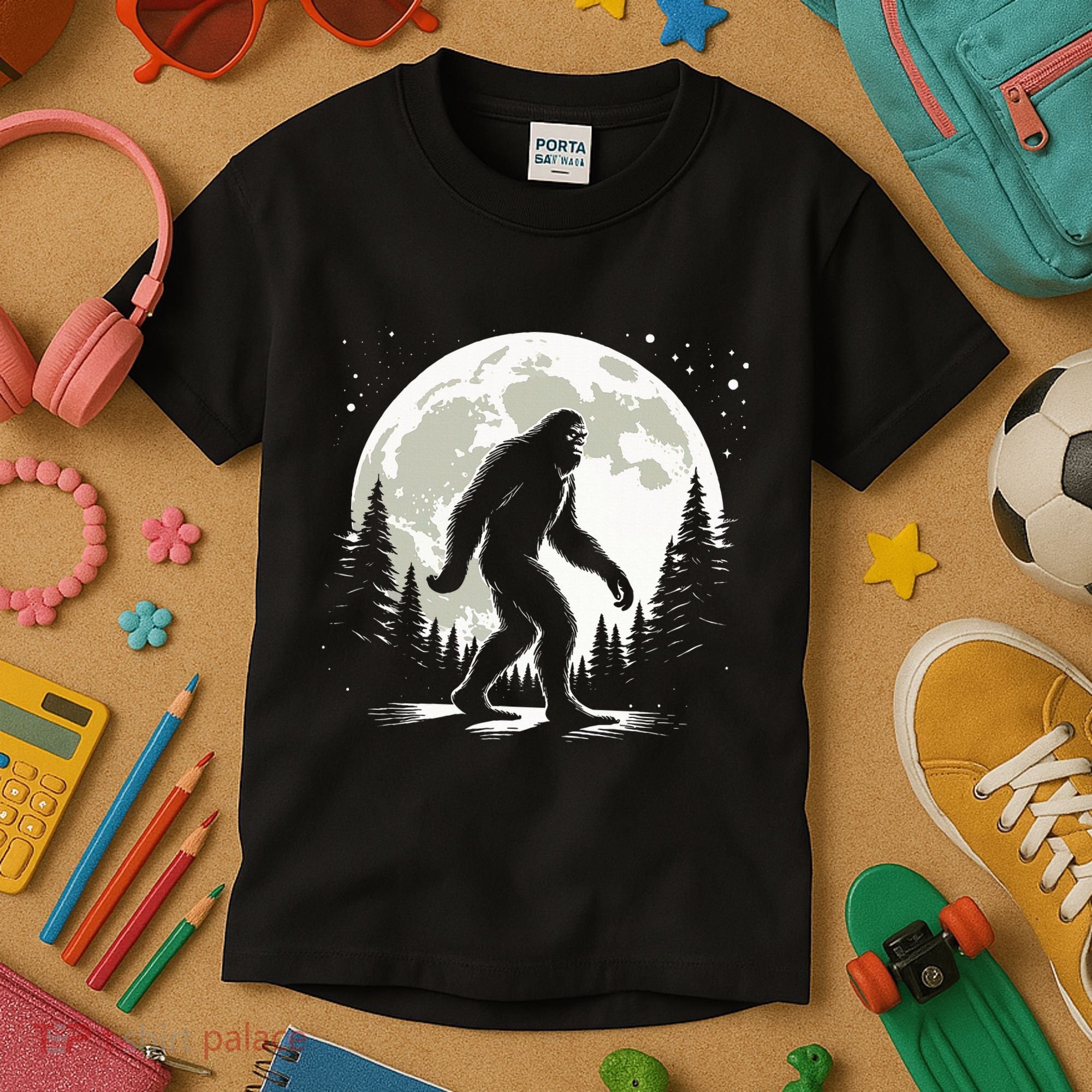 Bigfoot Sasquatch Full Moon Forest Graphic Funny Big Foot Kids T-Shirt