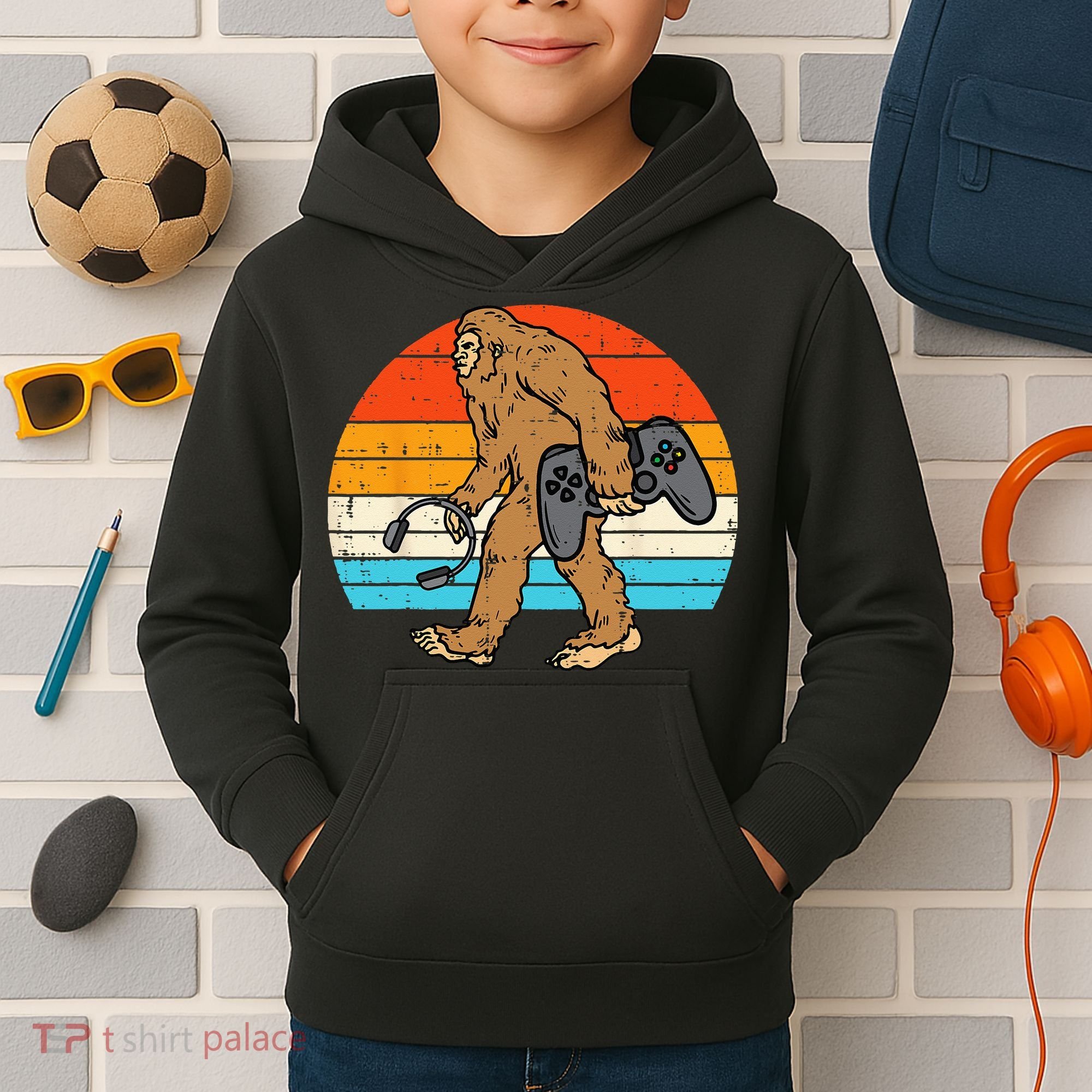 Bigfoot Sasquatch Gamer Retro Gaming Kids Hoodie