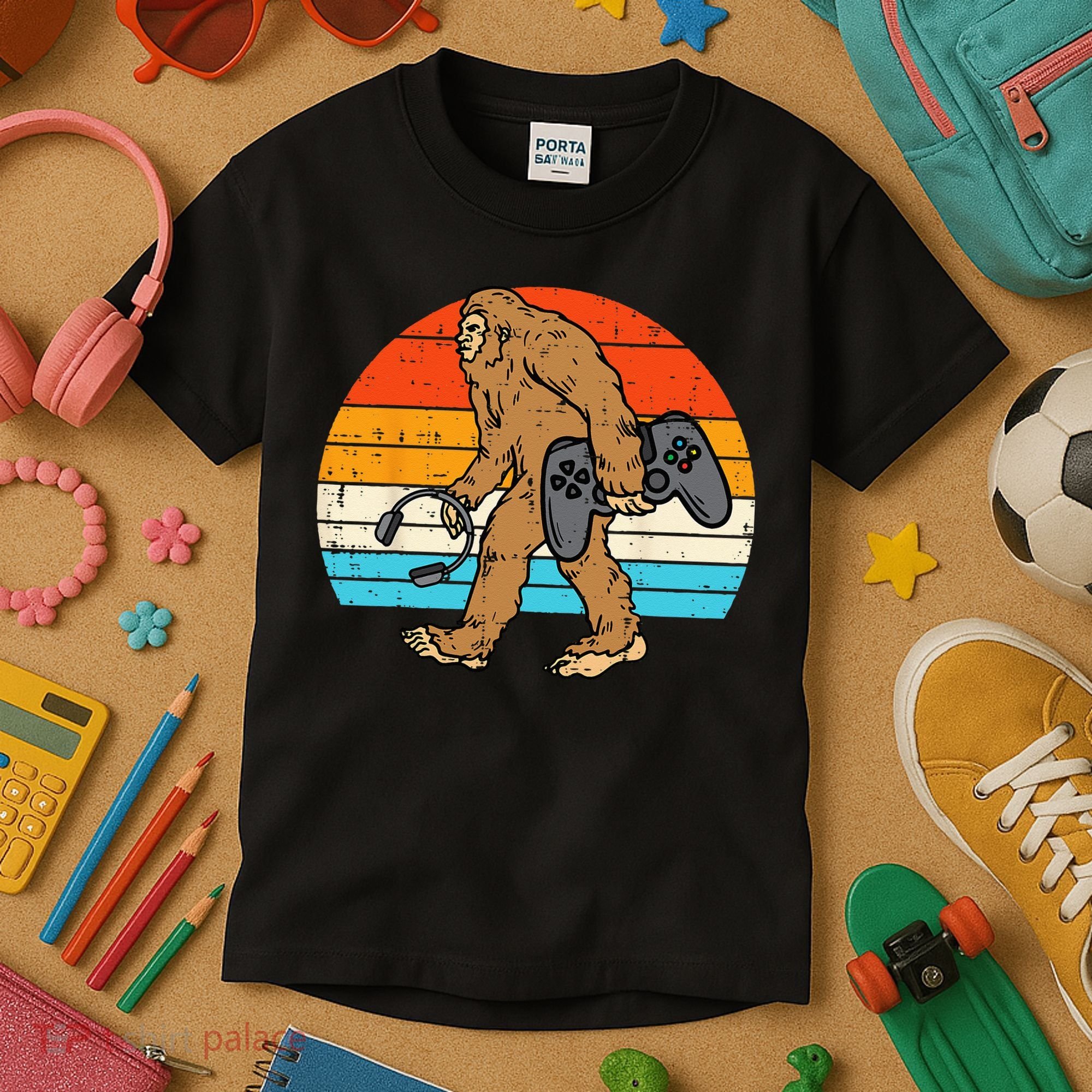 Bigfoot Sasquatch Gamer Retro Gaming Kids T-Shirt