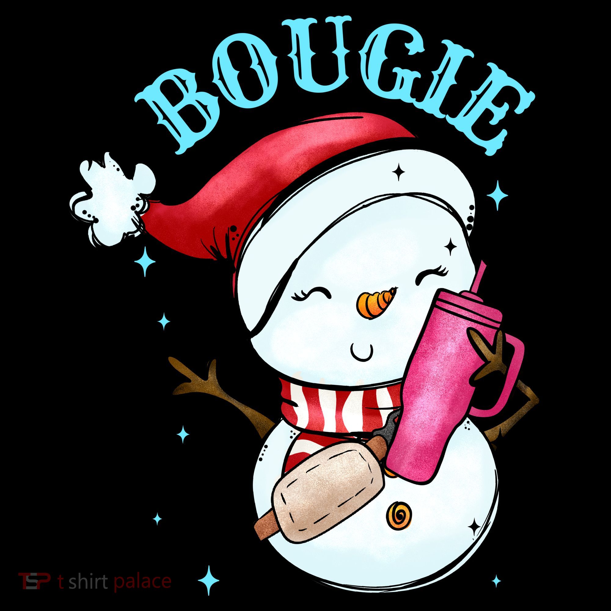 Bougie Snowman Holding A Tumbler Stripe Pom Pom Beanie