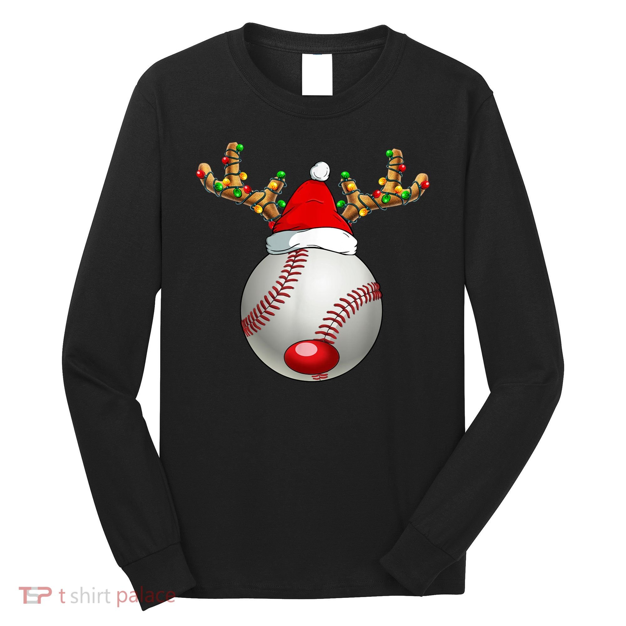 Baseball Santa Hat Reindeer Christmas Lights Men Boys Kids Long Sleeve Shirt