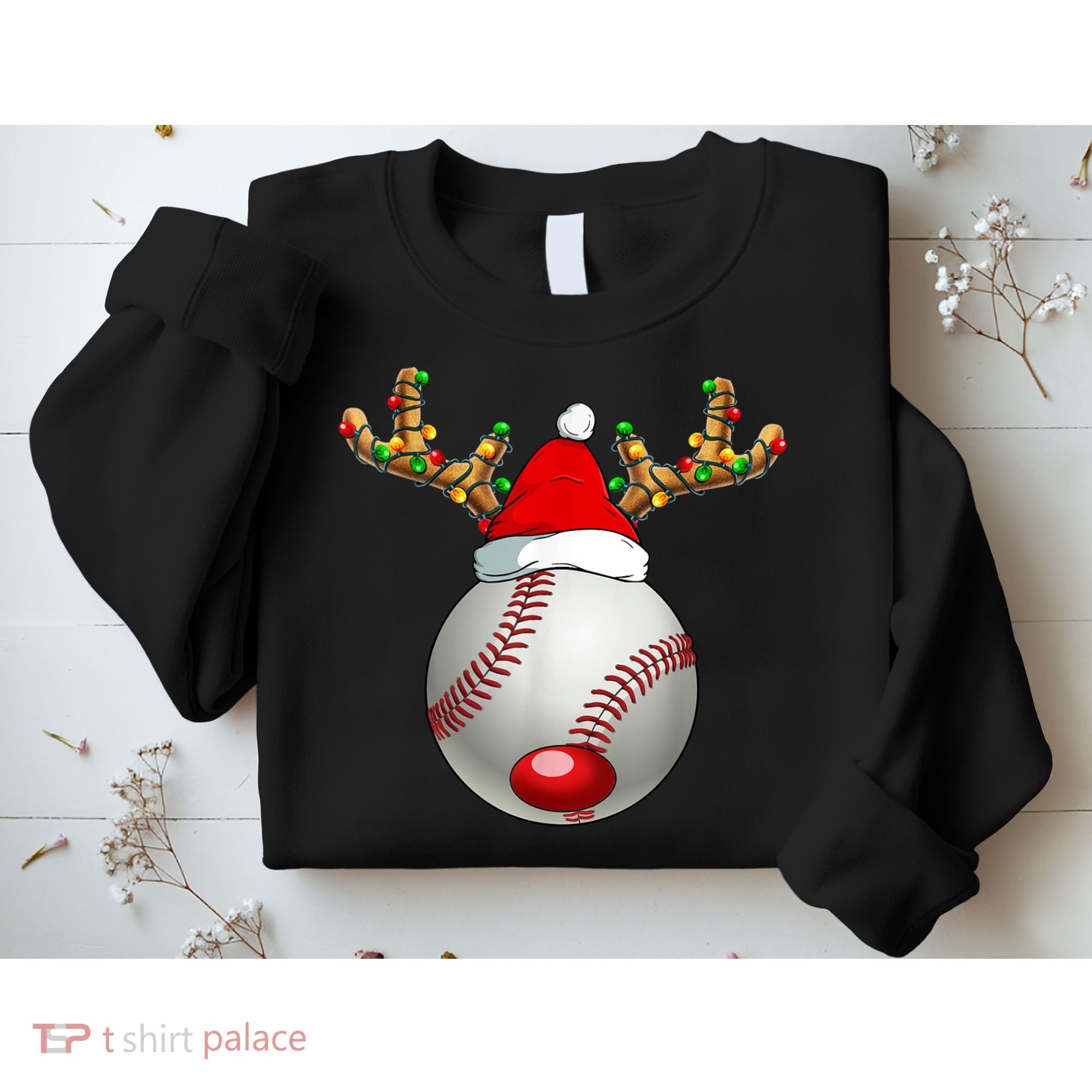 Baseball Santa Hat Reindeer Christmas Lights Men Boys Kids Sweatshirt