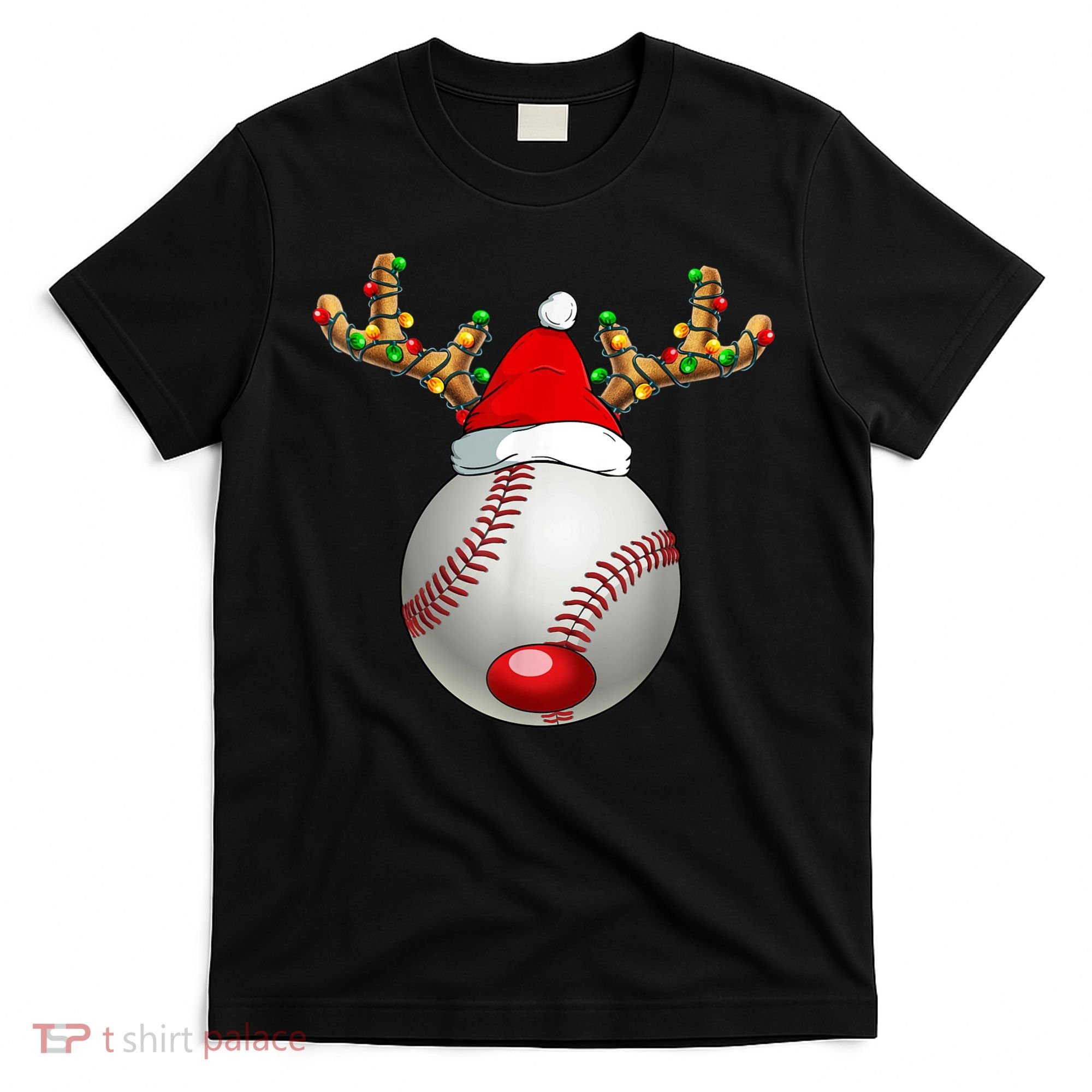 Baseball Santa Hat Reindeer Christmas Lights Men Boys Kids T-Shirt