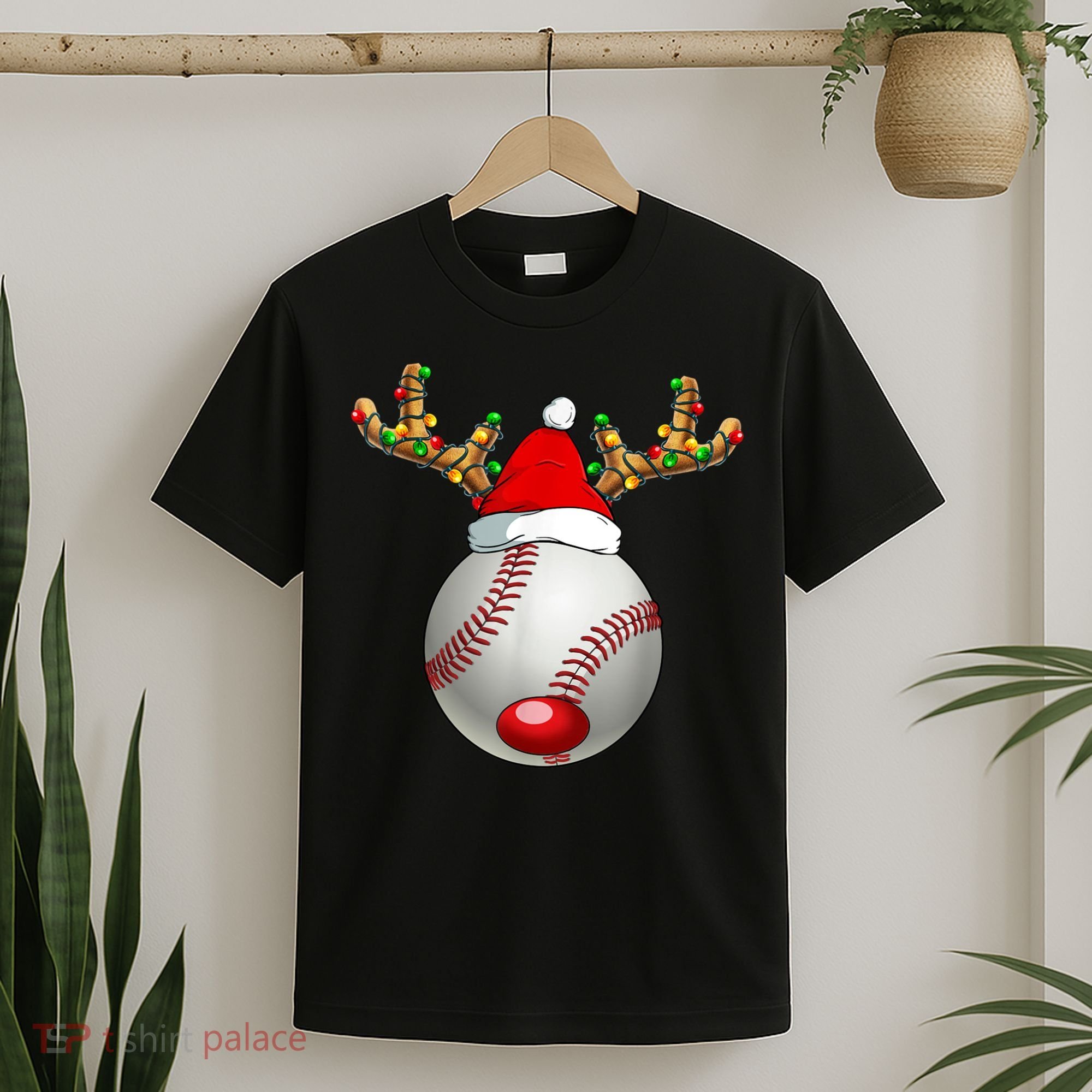 Baseball Santa Hat Reindeer Christmas Lights Men Boys Kids T-Shirt