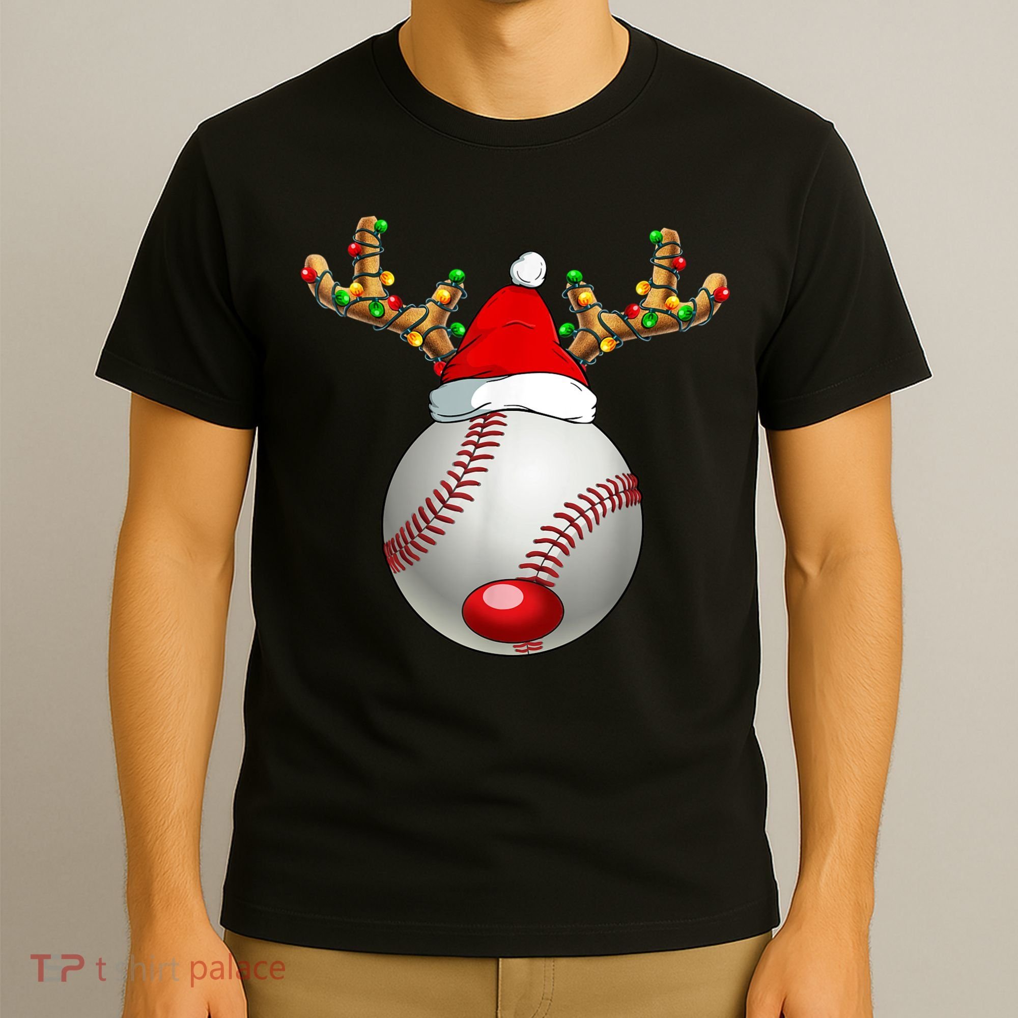 Baseball Santa Hat Reindeer Christmas Lights Men Boys Kids T-Shirt