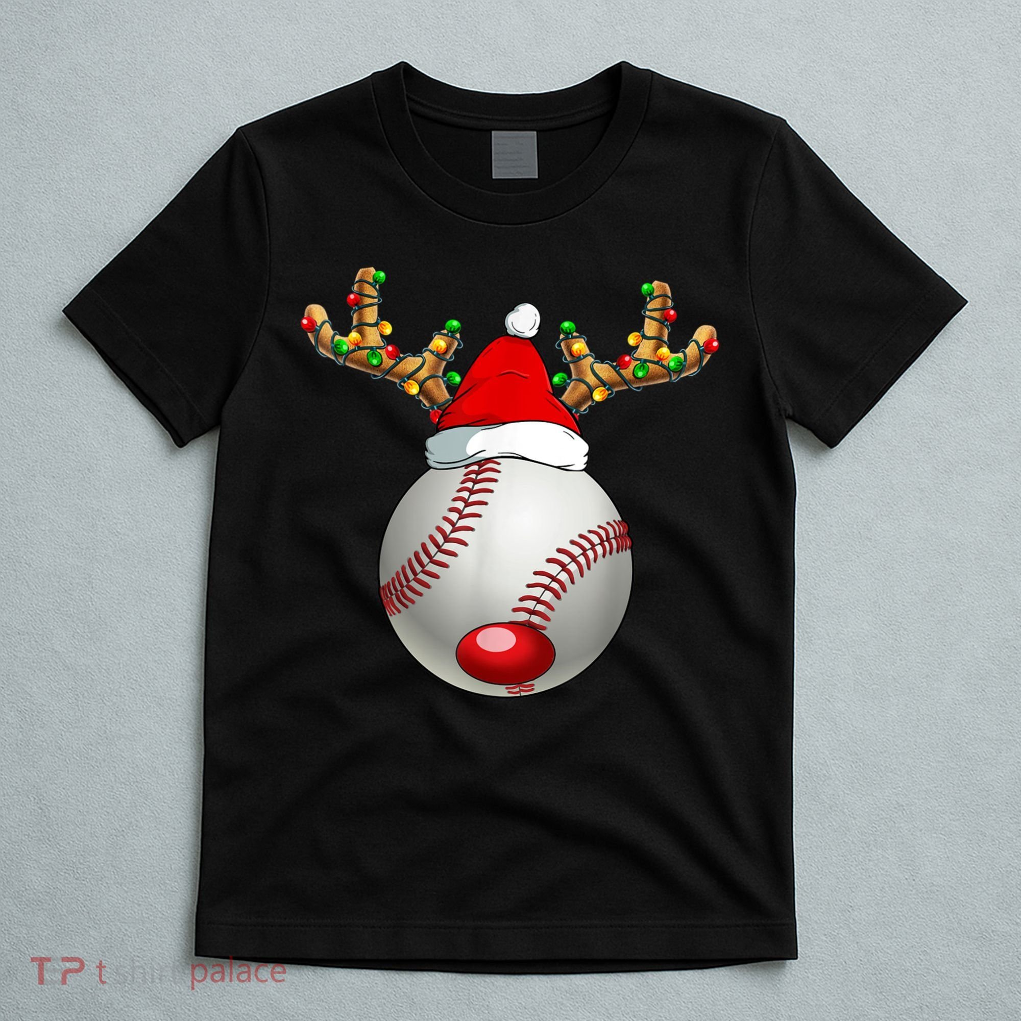 Baseball Santa Hat Reindeer Christmas Lights Men Boys Kids T-Shirt