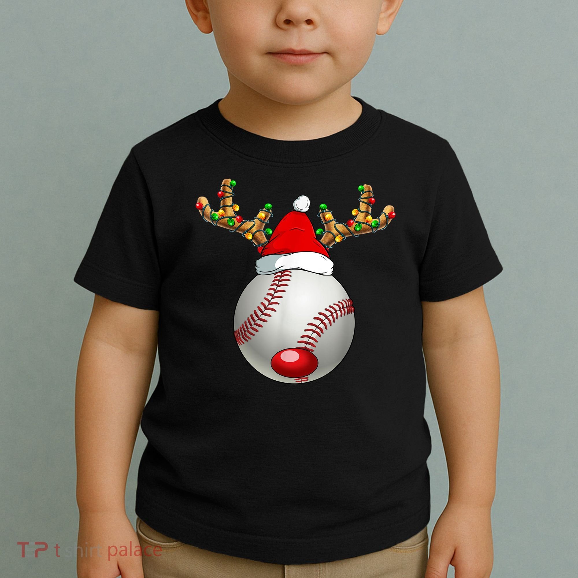 Baseball Santa Hat Reindeer Christmas Lights Men Boys Kids Toddler T-Shirt