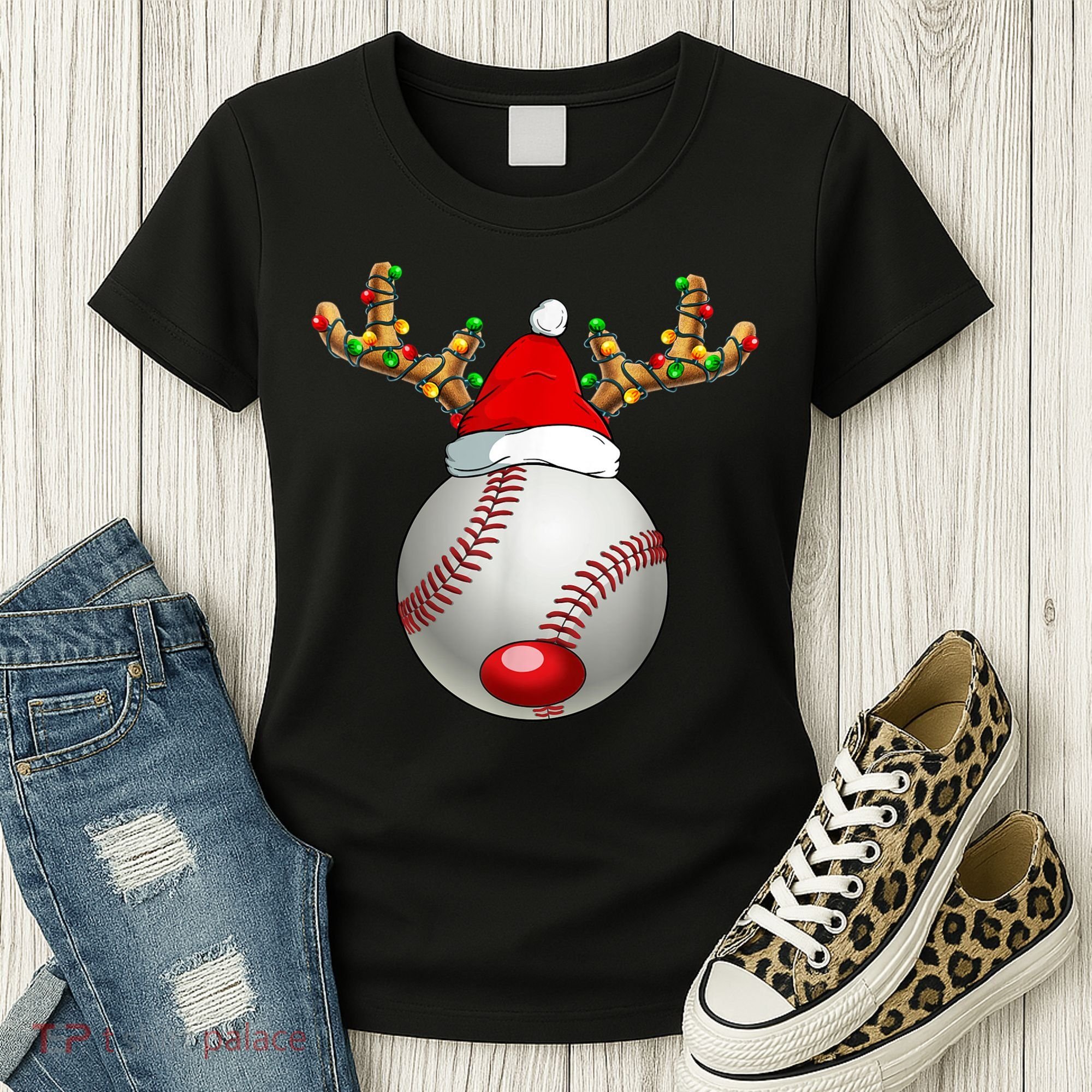 Baseball Santa Hat Reindeer Christmas Lights Men Boys Kids Women's T-Shirt