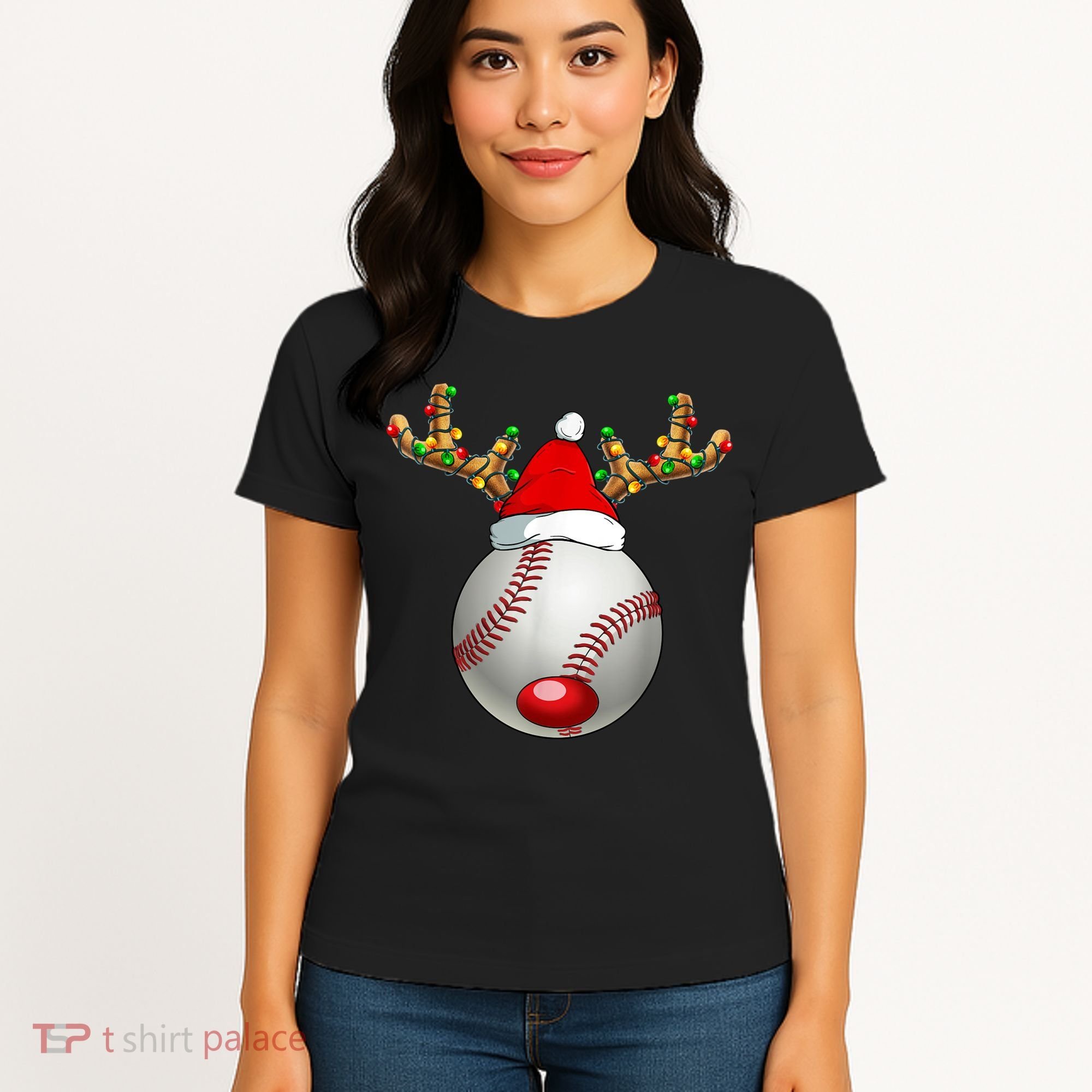 Baseball Santa Hat Reindeer Christmas Lights Men Boys Kids Women's T-Shirt
