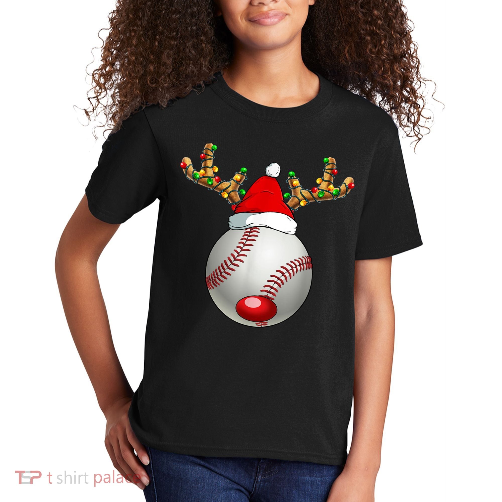 Baseball Santa Hat Reindeer Christmas Lights Men Boys Kids Kids T-Shirt