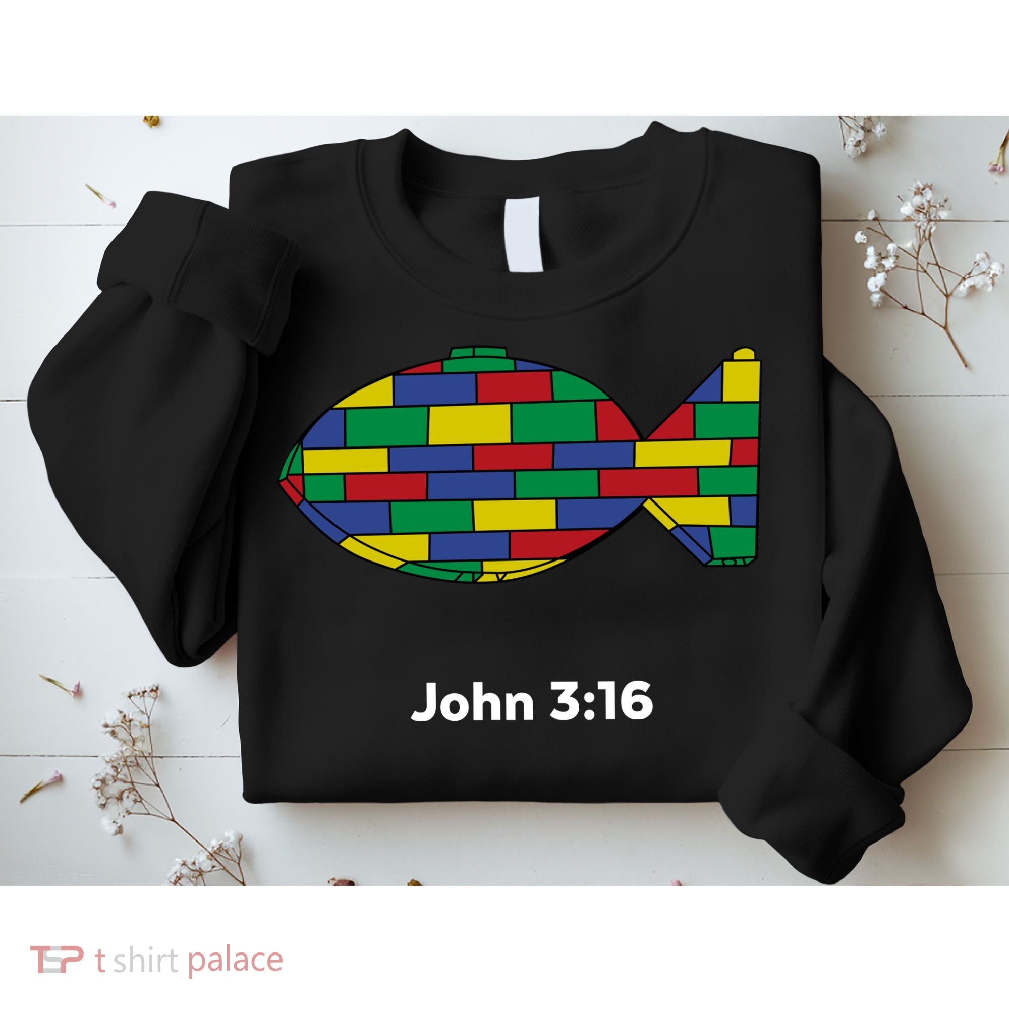 Brick Science John 3:16 – Christian Faith With Fish Symbol, Bible Verse Apparel Sweatshirt