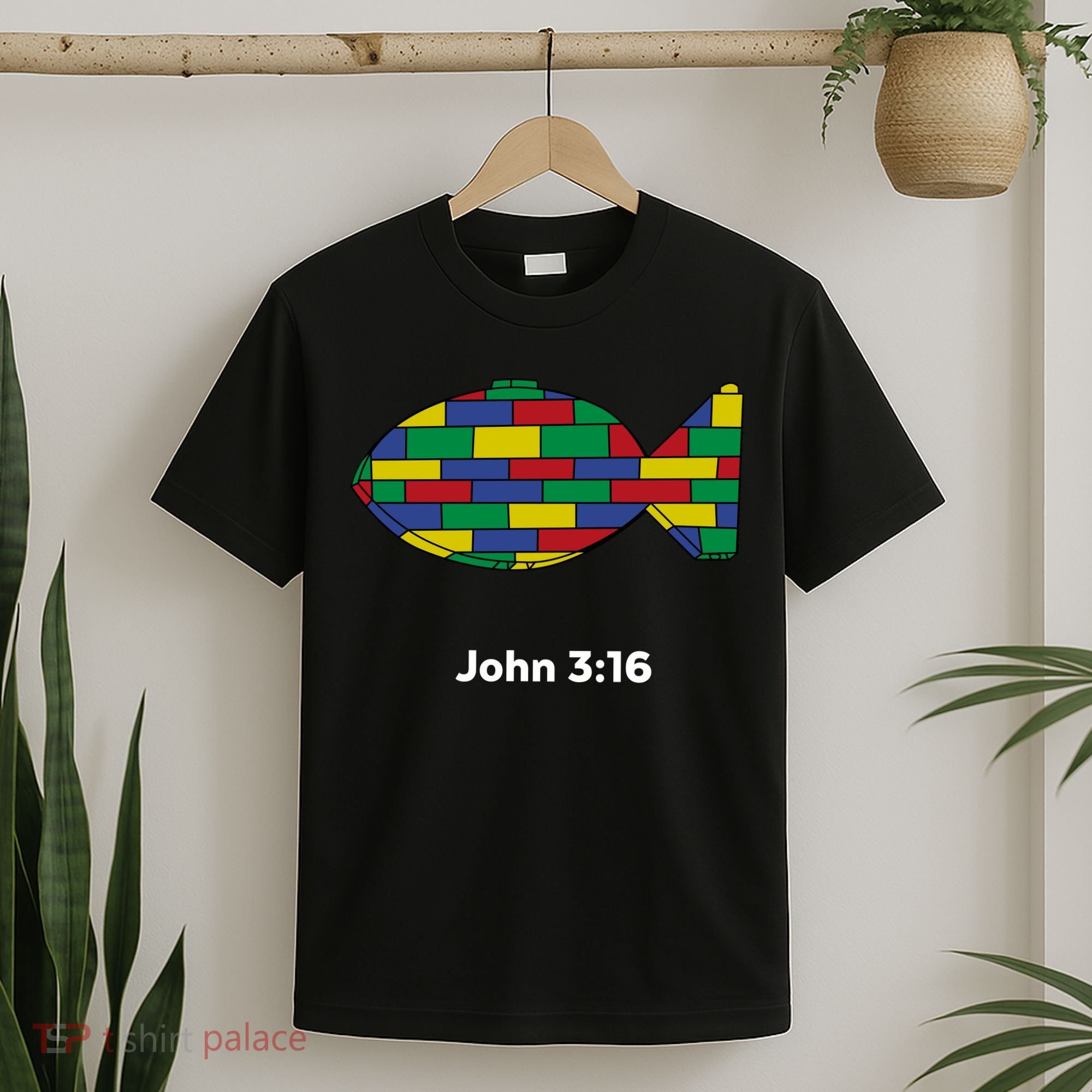 Brick Science John 3:16 – Christian Faith With Fish Symbol, Bible Verse Apparel T-Shirt