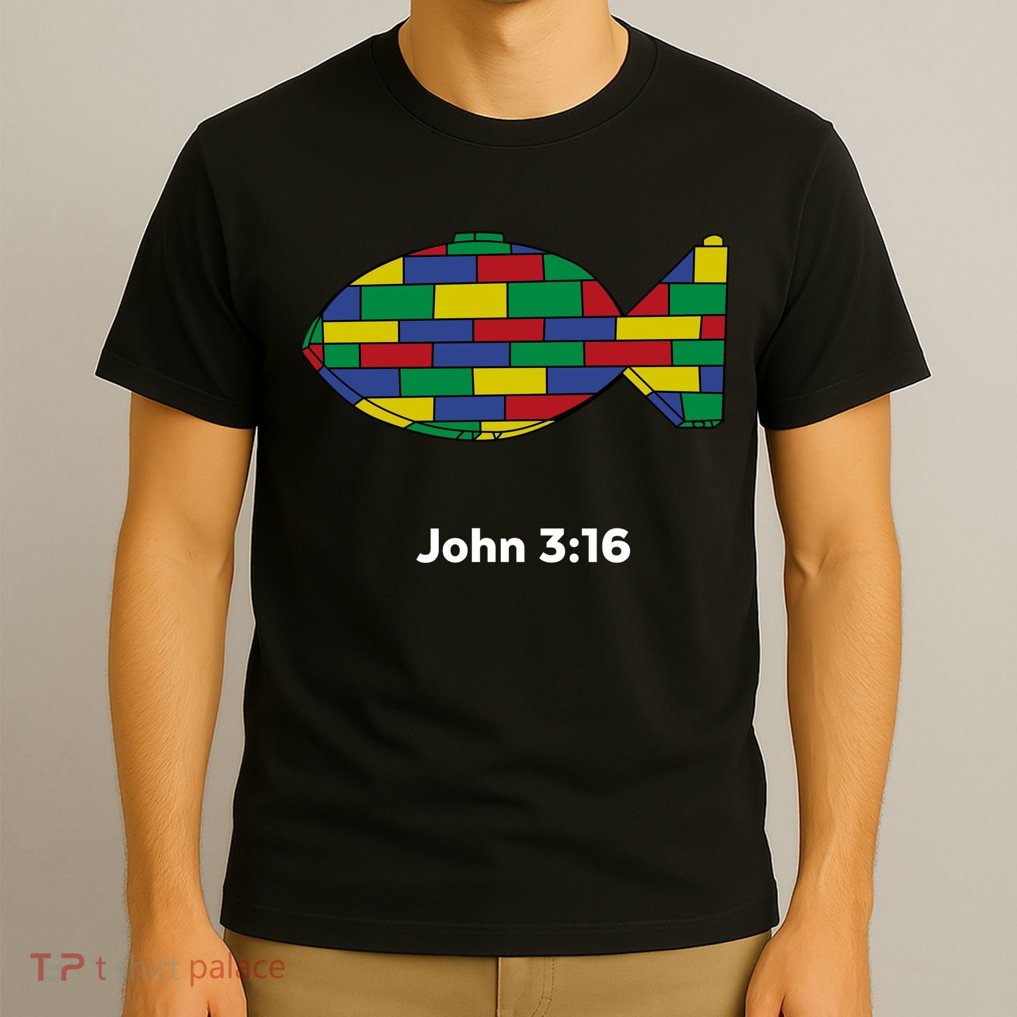 Brick Science John 3:16 – Christian Faith With Fish Symbol, Bible Verse Apparel T-Shirt
