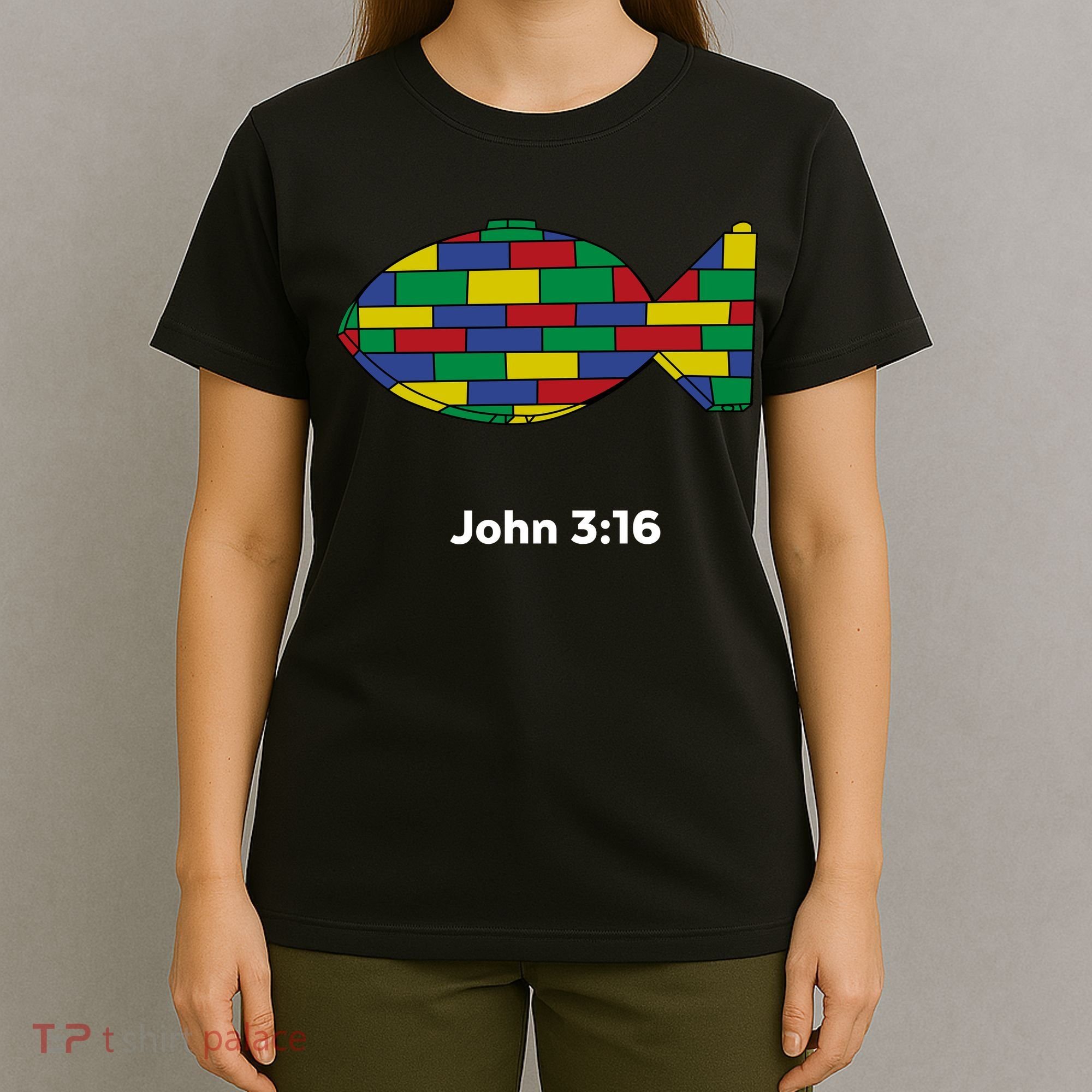 Brick Science John 3:16 – Christian Faith With Fish Symbol, Bible Verse Apparel T-Shirt