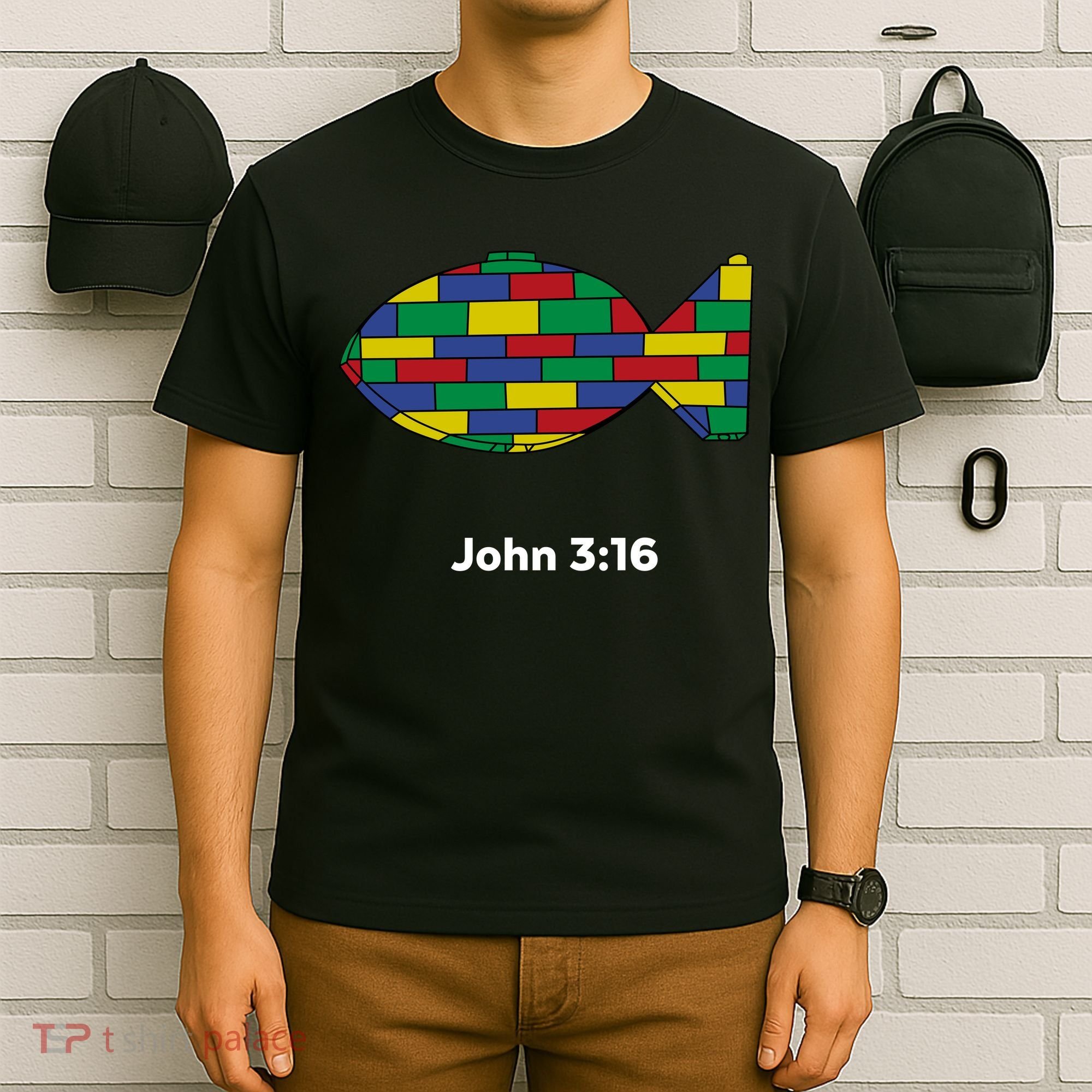 Brick Science John 3:16 – Christian Faith With Fish Symbol, Bible Verse Apparel T-Shirt