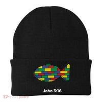 Brick Science John 3:16 – Christian Faith With Fish Symbol, Bible Verse Apparel Beanie thumb 0