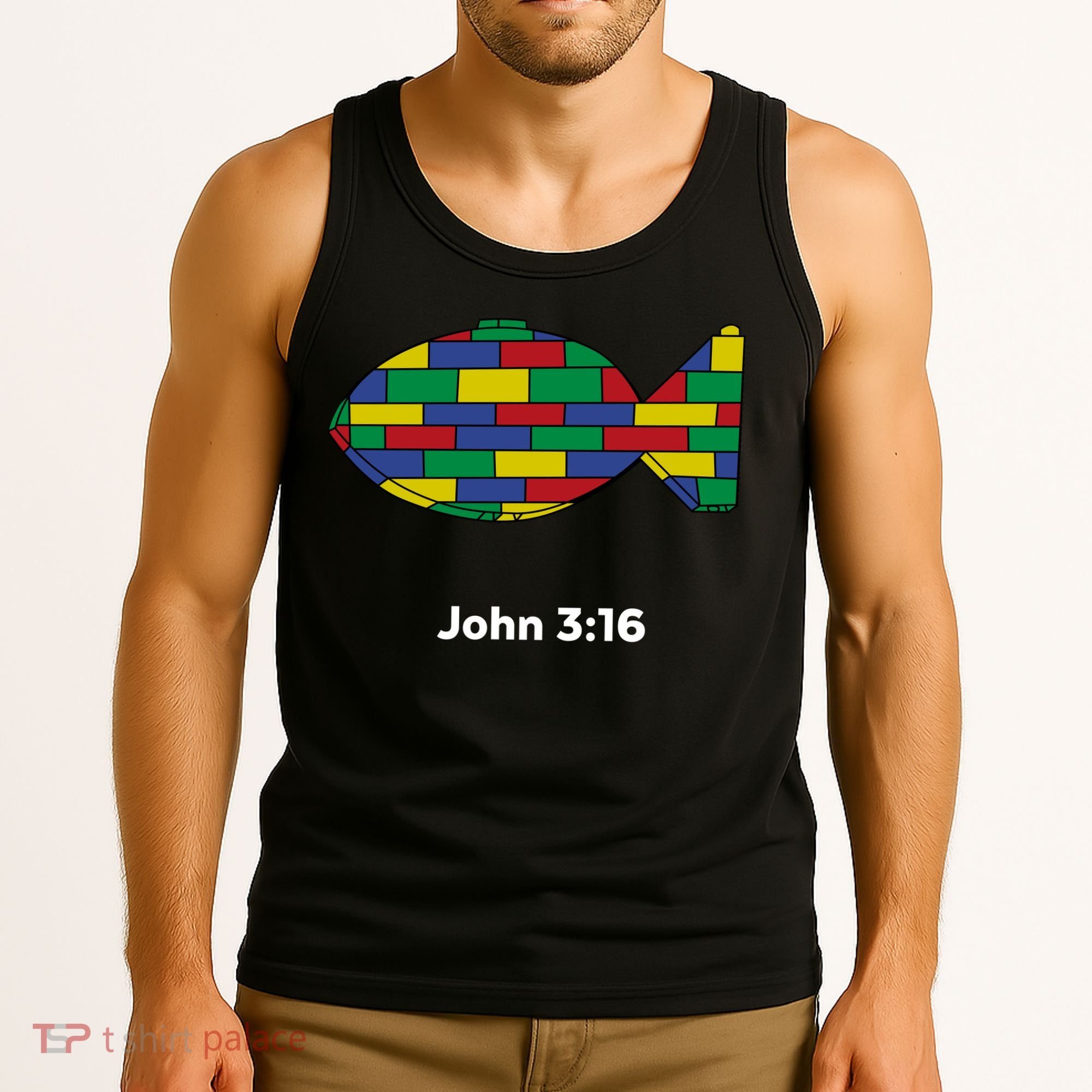 Brick Science John 3:16 – Christian Faith With Fish Symbol, Bible Verse Apparel Tank Top