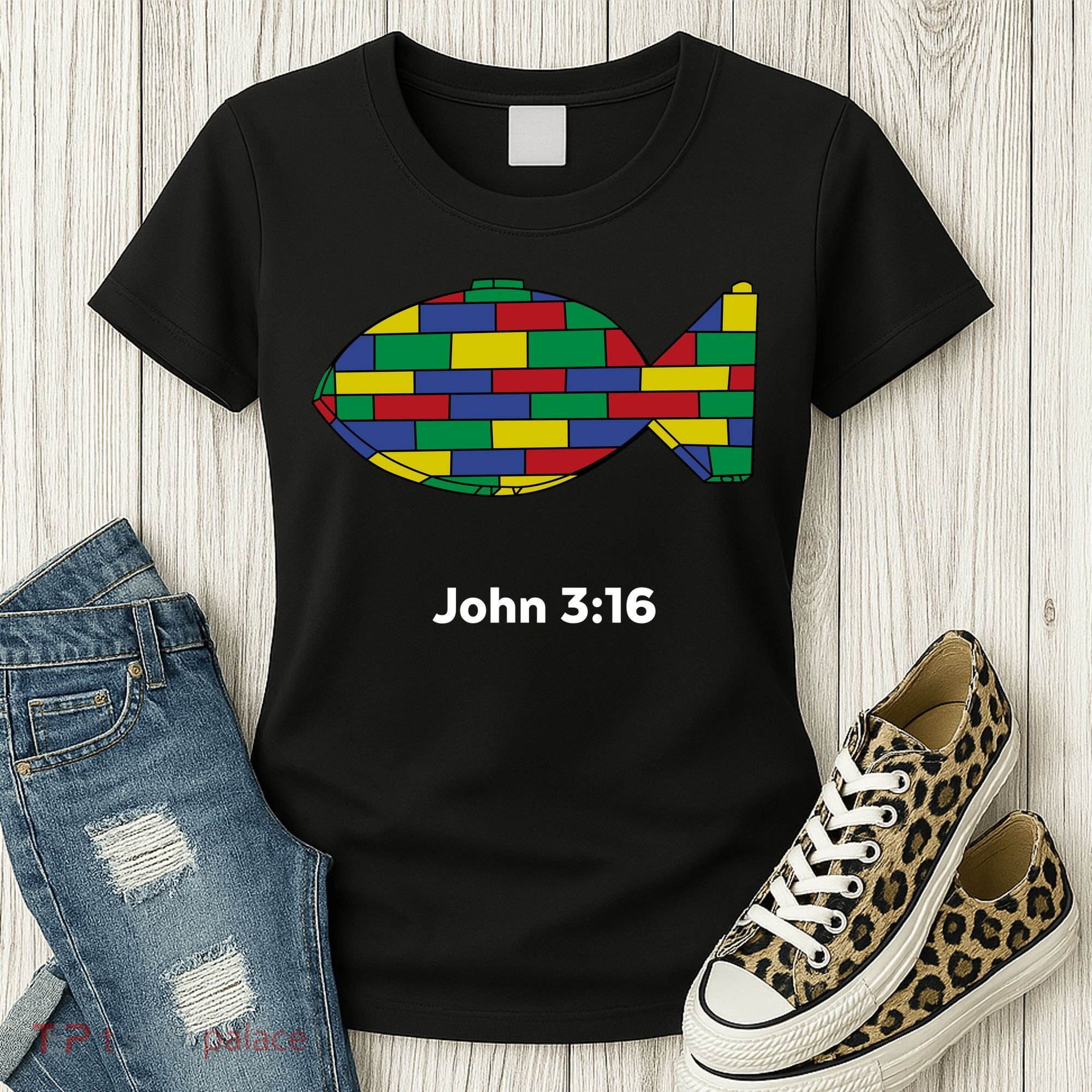Brick Science John 3:16 – Christian Faith With Fish Symbol, Bible Verse Apparel Women's T-Shirt