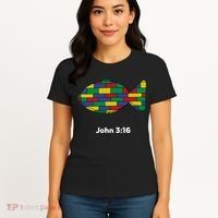 Brick Science John 3:16 – Christian Faith With Fish Symbol, Bible Verse Apparel Women's T-Shirt thumb 4