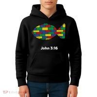 Brick Science John 3:16 – Christian Faith With Fish Symbol, Bible Verse Apparel Kids Hoodie thumb 4