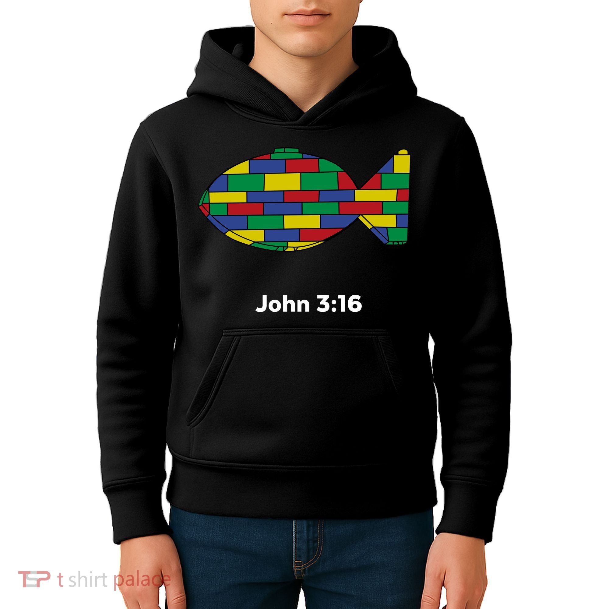 Brick Science John 3:16 – Christian Faith With Fish Symbol, Bible Verse Apparel Kids Hoodie