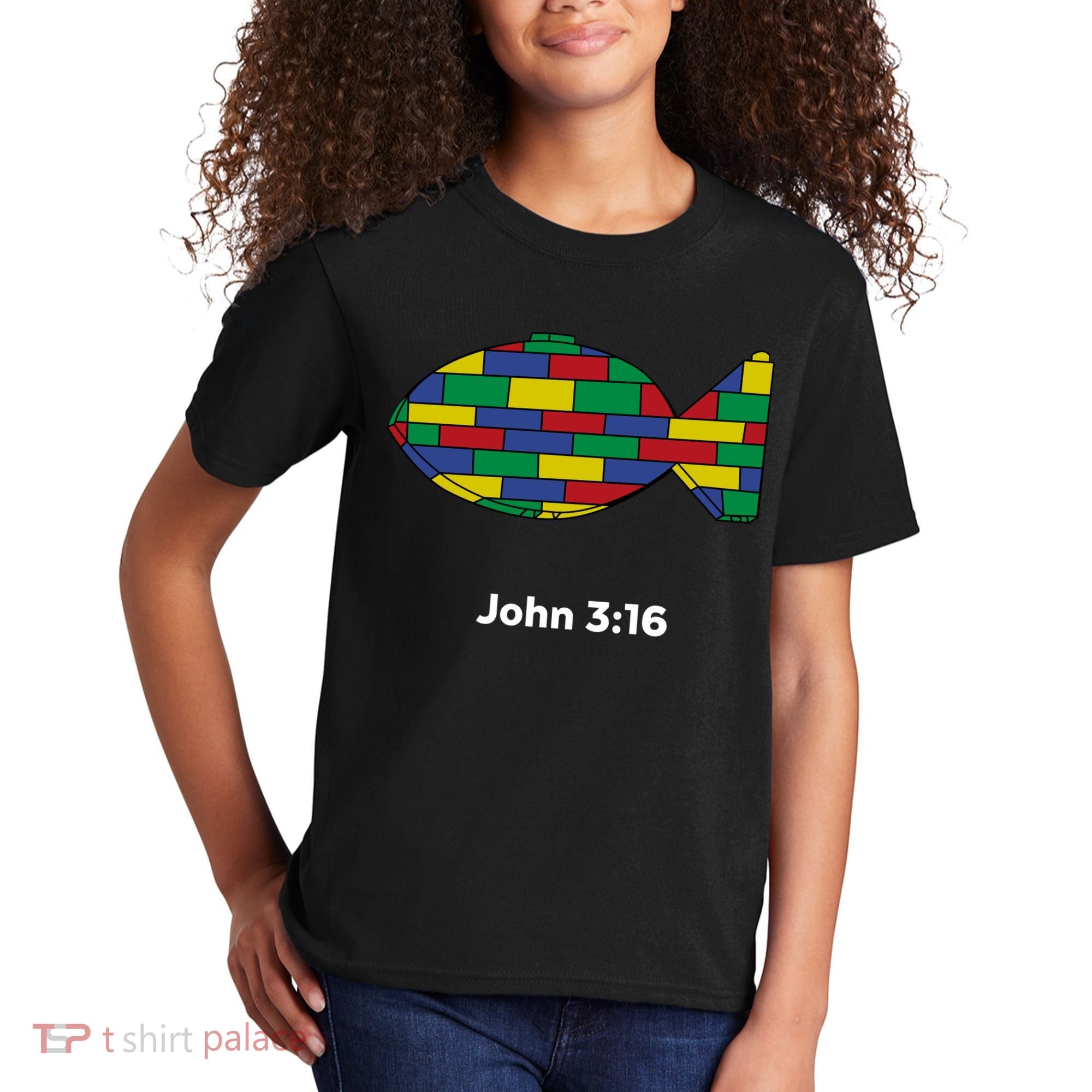 Brick Science John 3:16 – Christian Faith With Fish Symbol, Bible Verse Apparel Kids T-Shirt