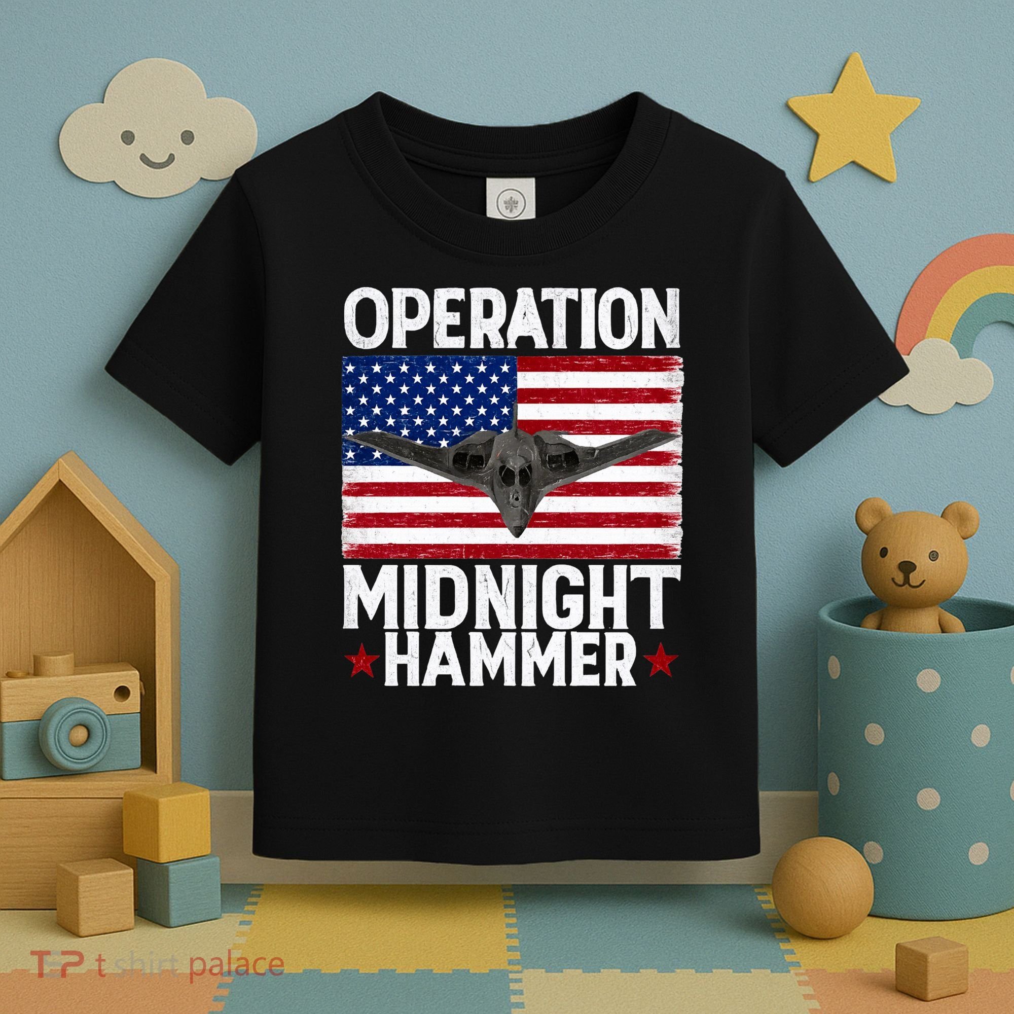 B-2 Stealth Jet Operation Midnight Hammer American Flag Toddler T-Shirt