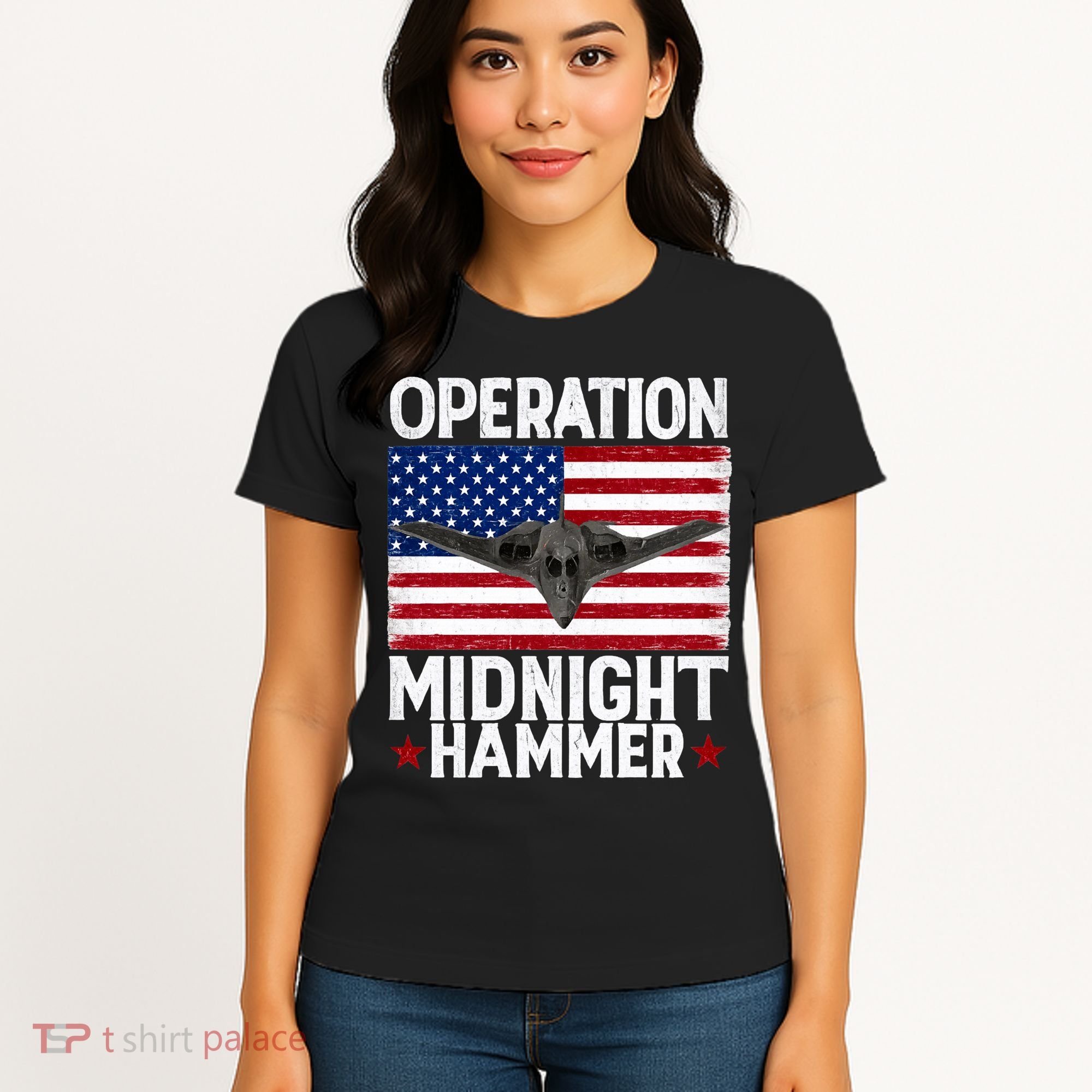 B-2 Stealth Jet Operation Midnight Hammer American Flag Women's T-Shirt