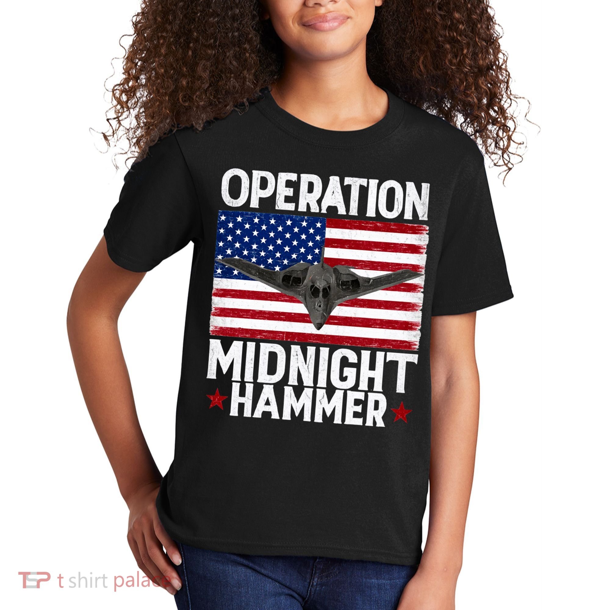 B-2 Stealth Jet Operation Midnight Hammer American Flag Kids T-Shirt