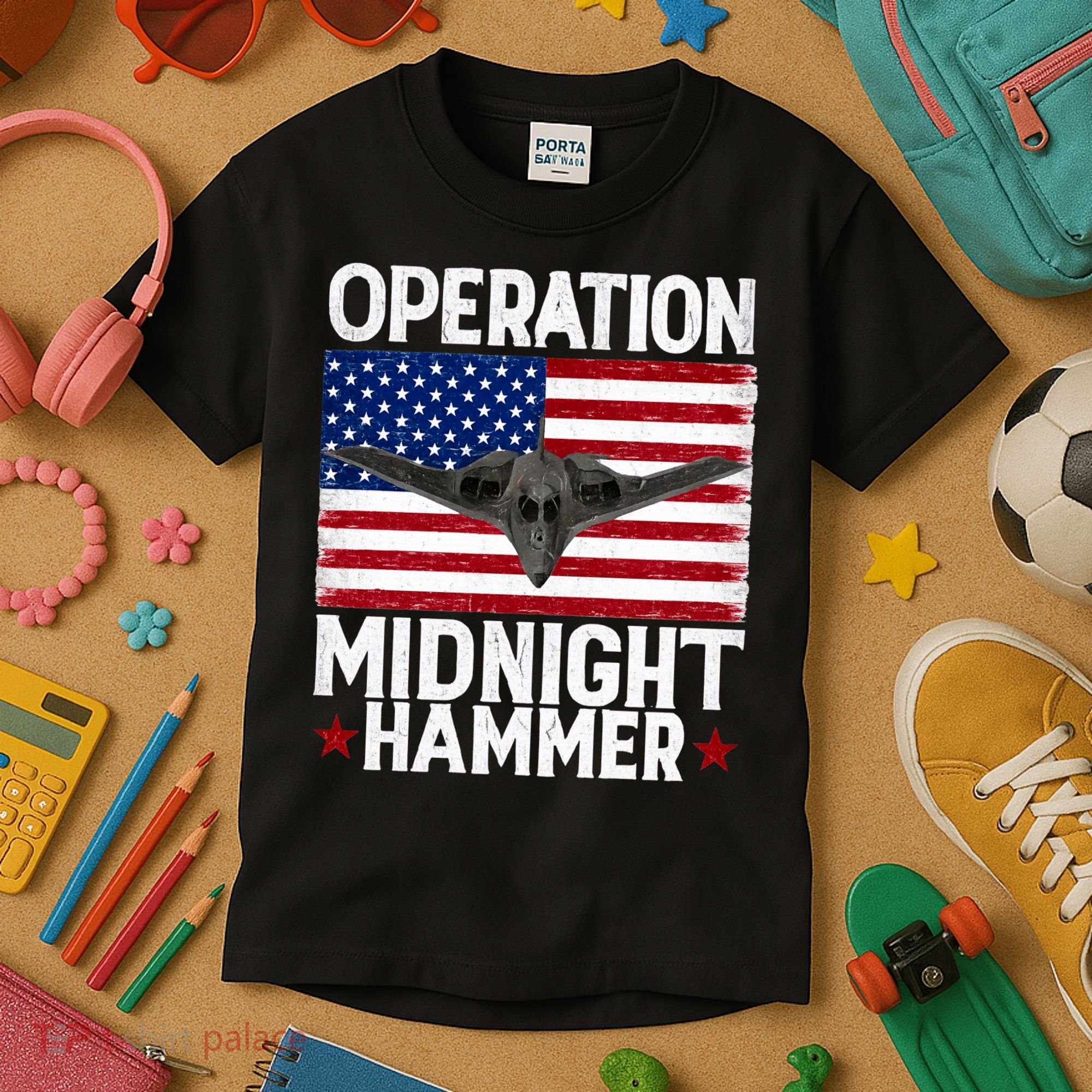 B-2 Stealth Jet Operation Midnight Hammer American Flag Kids T-Shirt