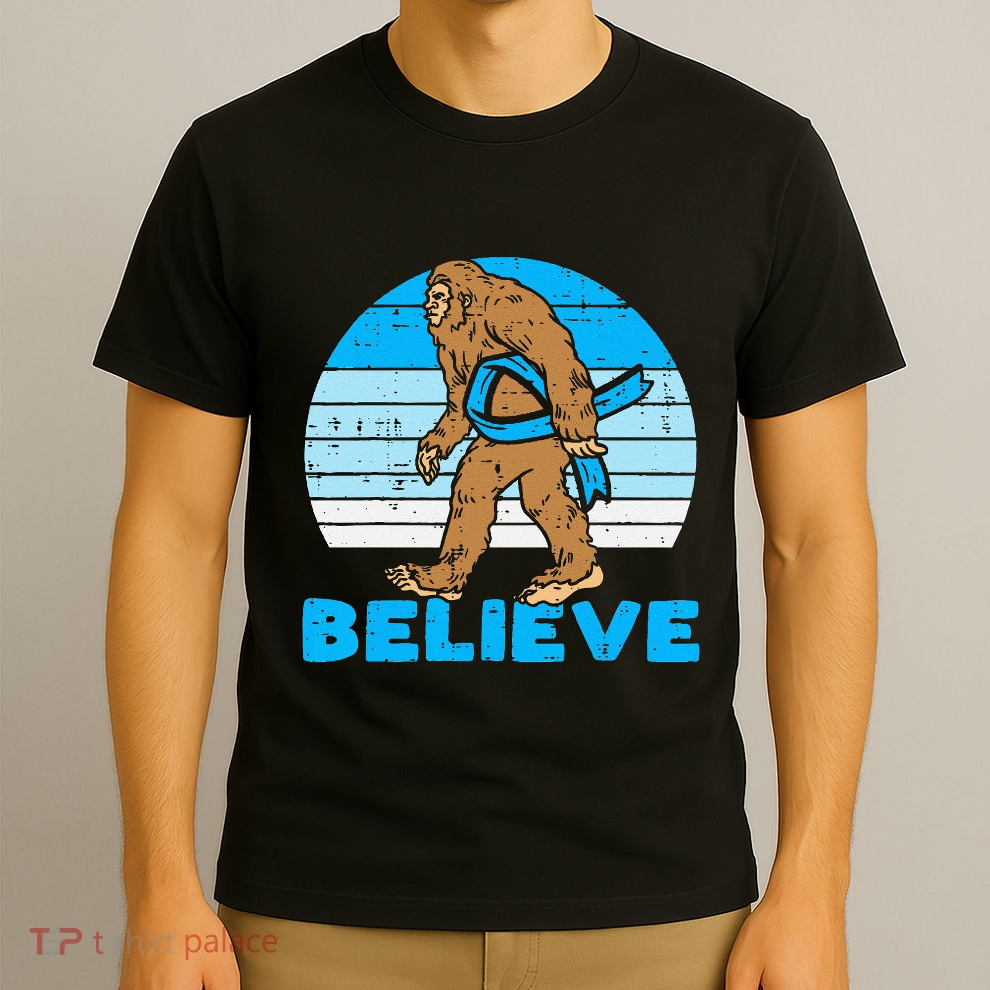 Bigfoot Sasquatch Light Blue Ribbon Prostate Cancer Aware T-Shirt