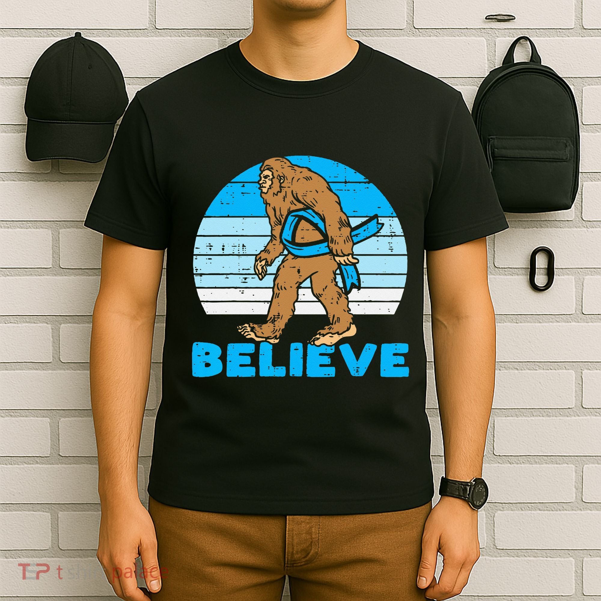 Bigfoot Sasquatch Light Blue Ribbon Prostate Cancer Aware T-Shirt