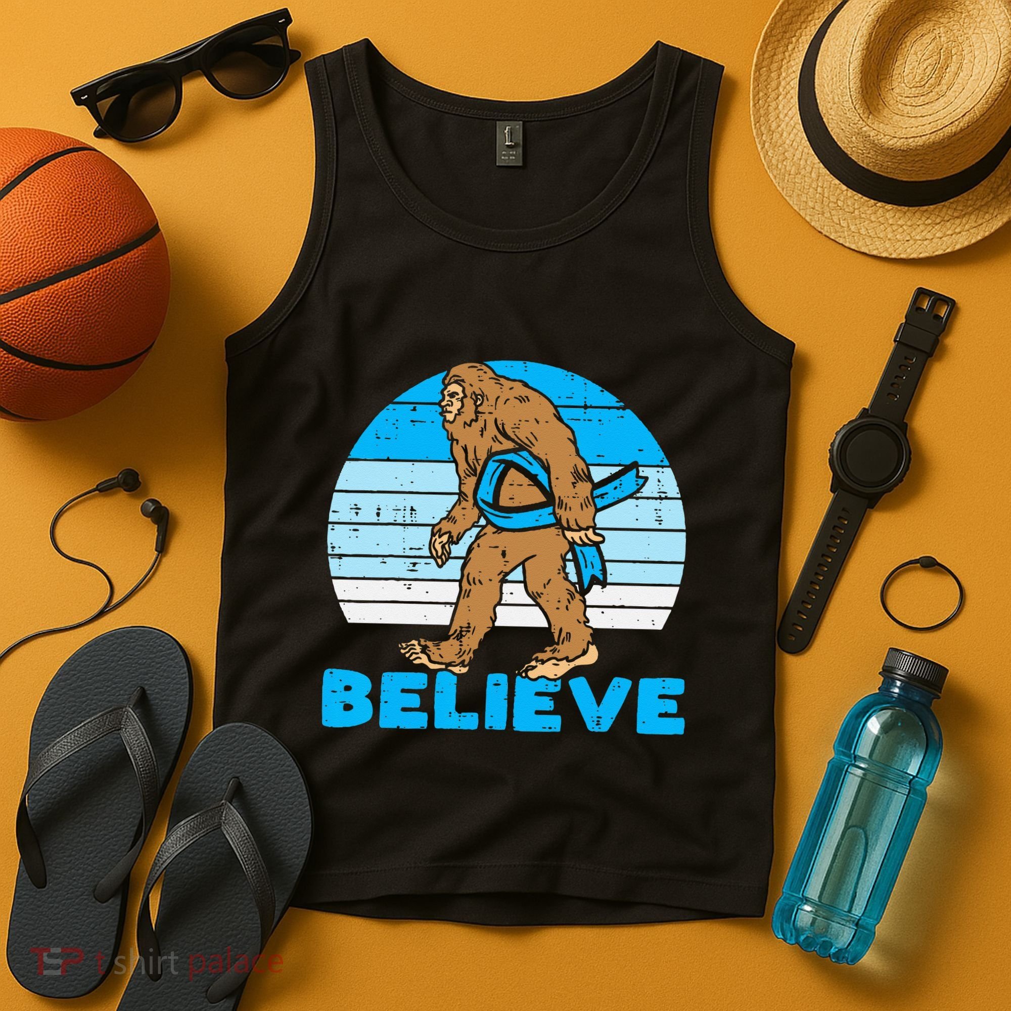 Bigfoot Sasquatch Light Blue Ribbon Prostate Cancer Aware Tank Top
