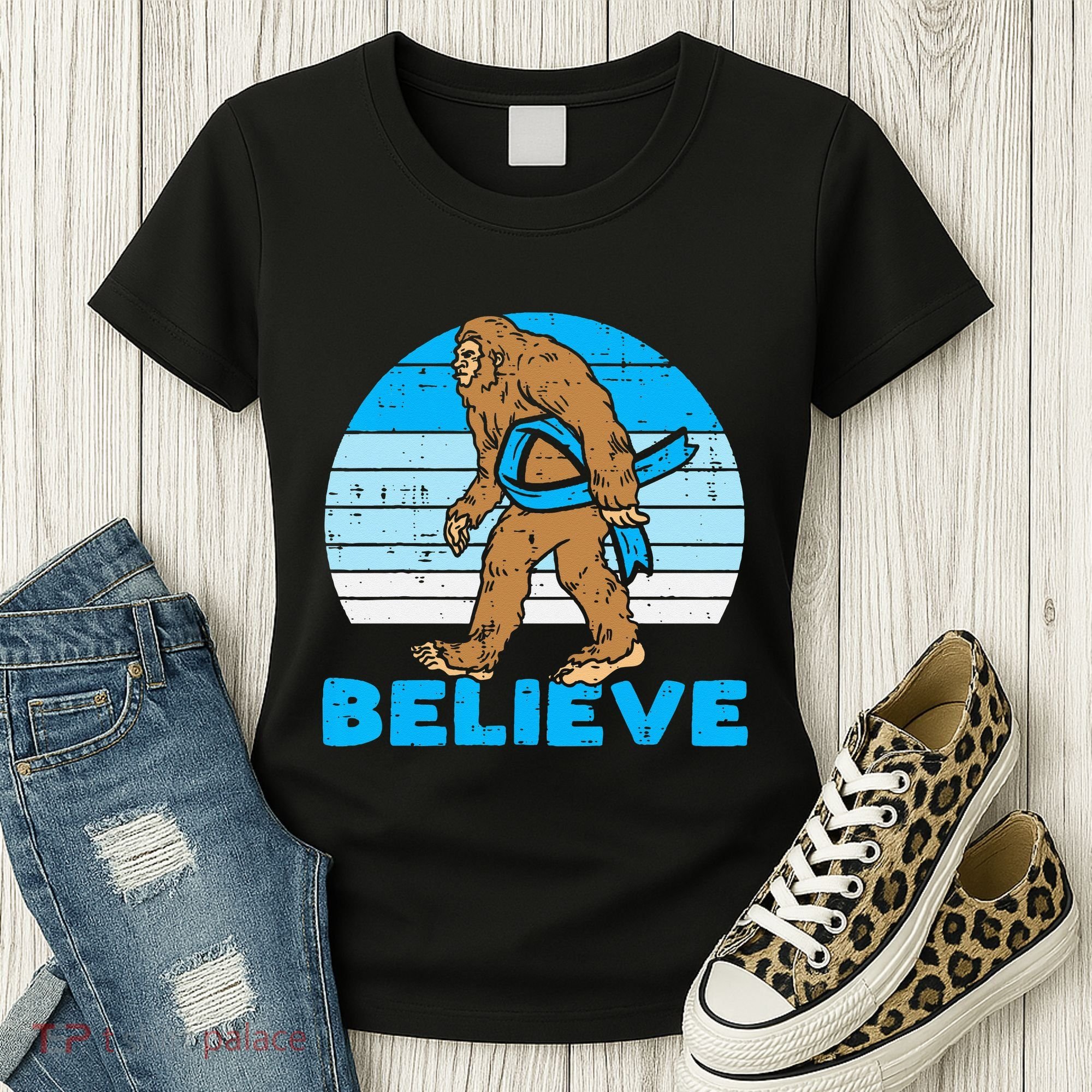 Bigfoot Sasquatch Light Blue Ribbon Prostate Cancer Aware Women's T-Shirt