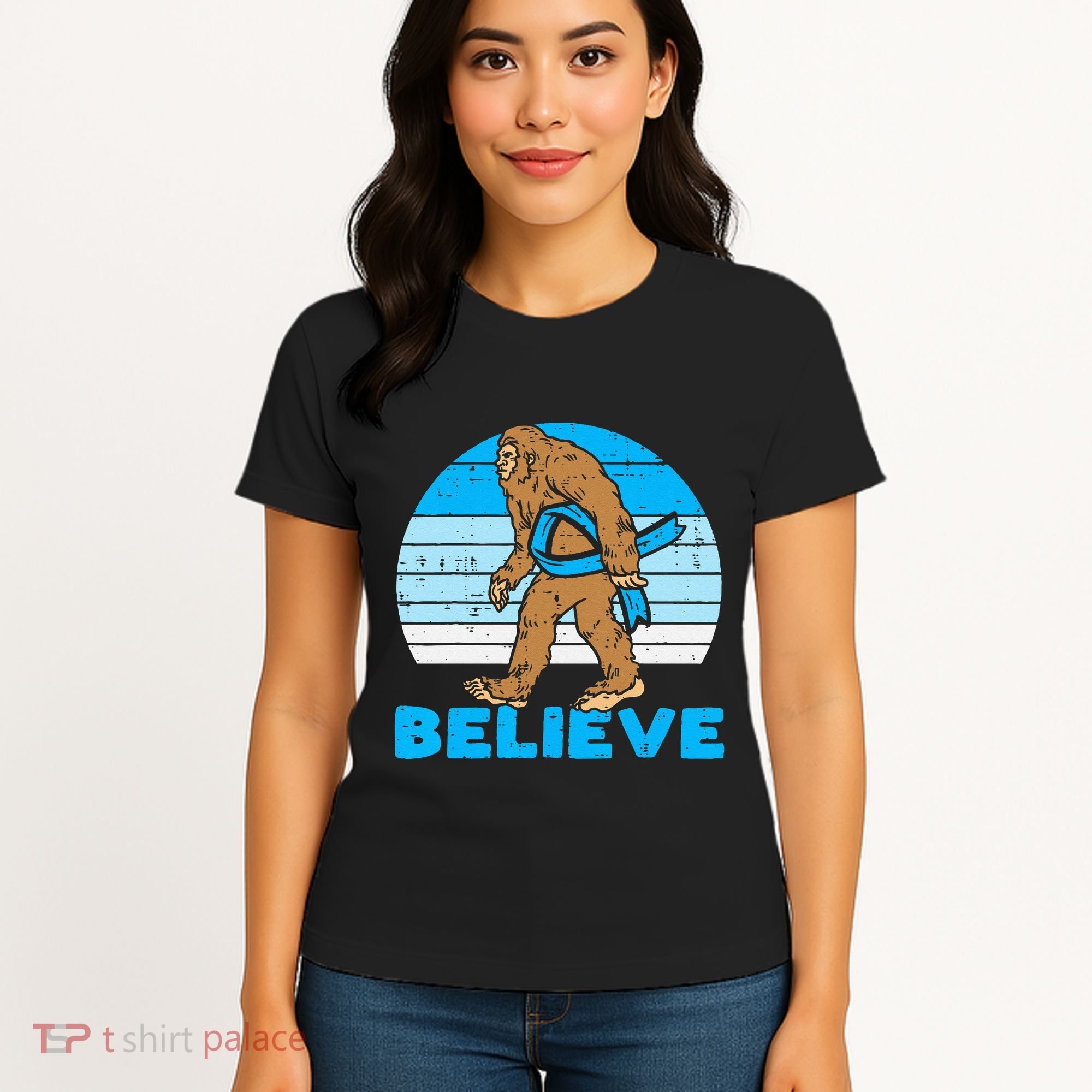 Bigfoot Sasquatch Light Blue Ribbon Prostate Cancer Aware Women's T-Shirt