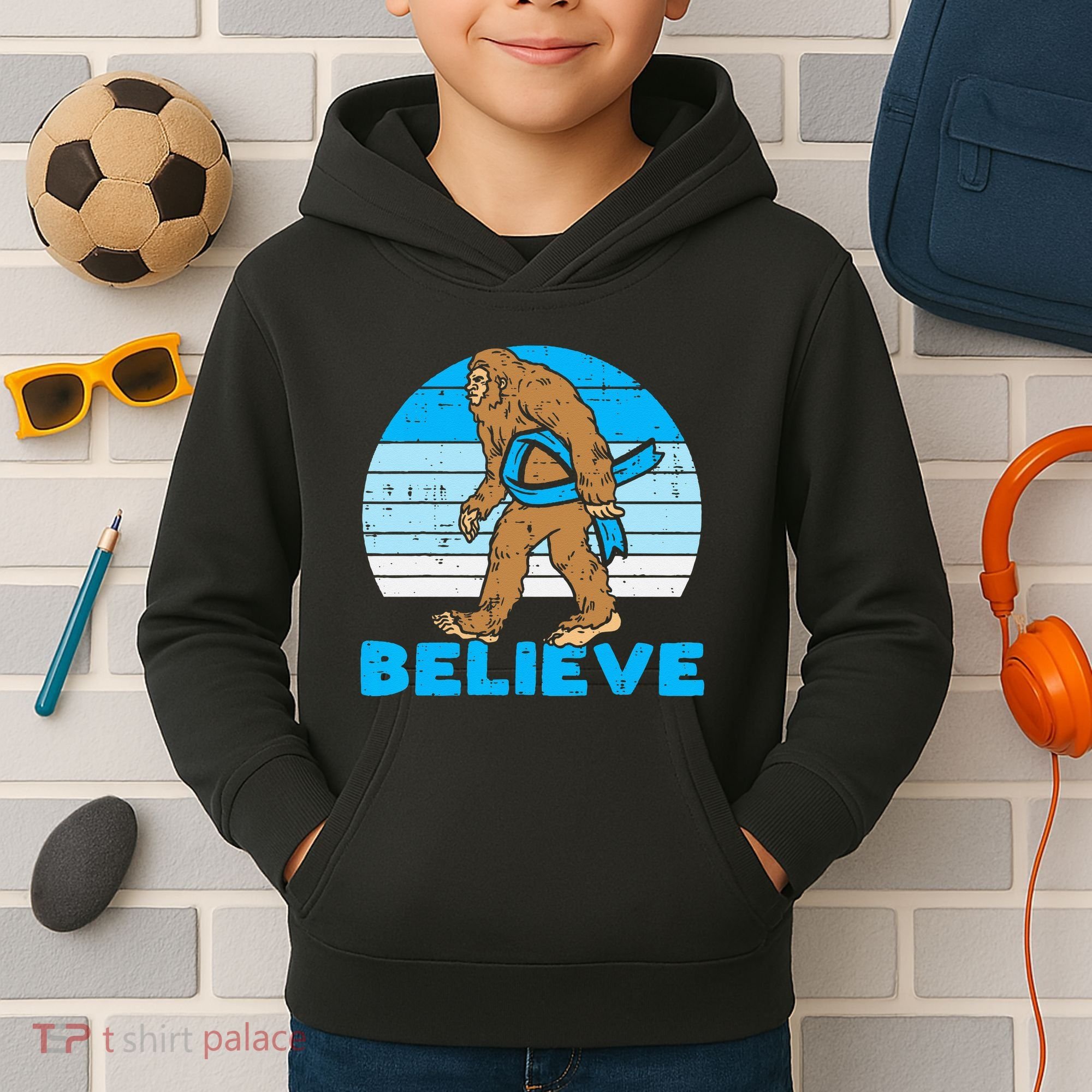 Bigfoot Sasquatch Light Blue Ribbon Prostate Cancer Aware Kids Hoodie