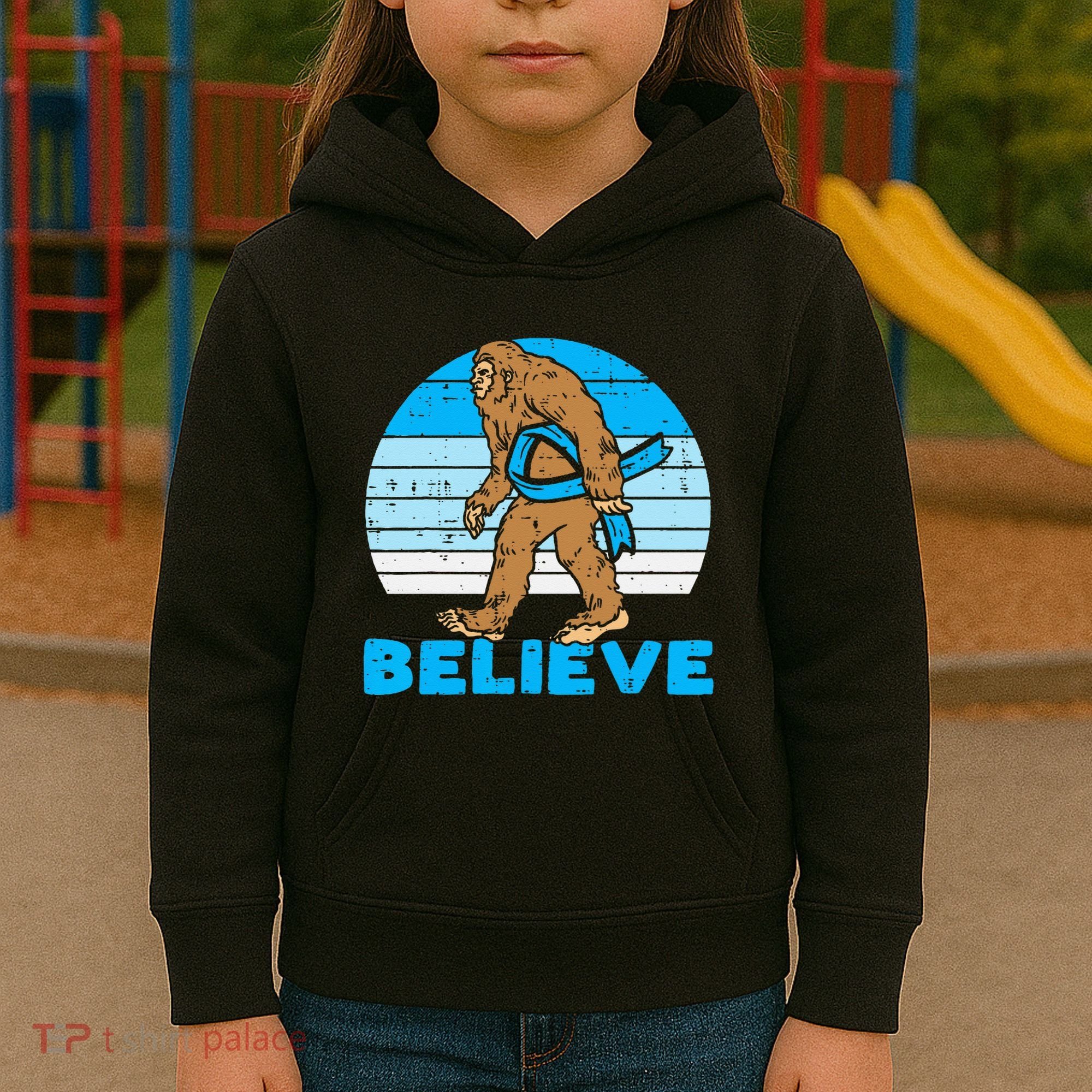 Bigfoot Sasquatch Light Blue Ribbon Prostate Cancer Aware Kids Hoodie