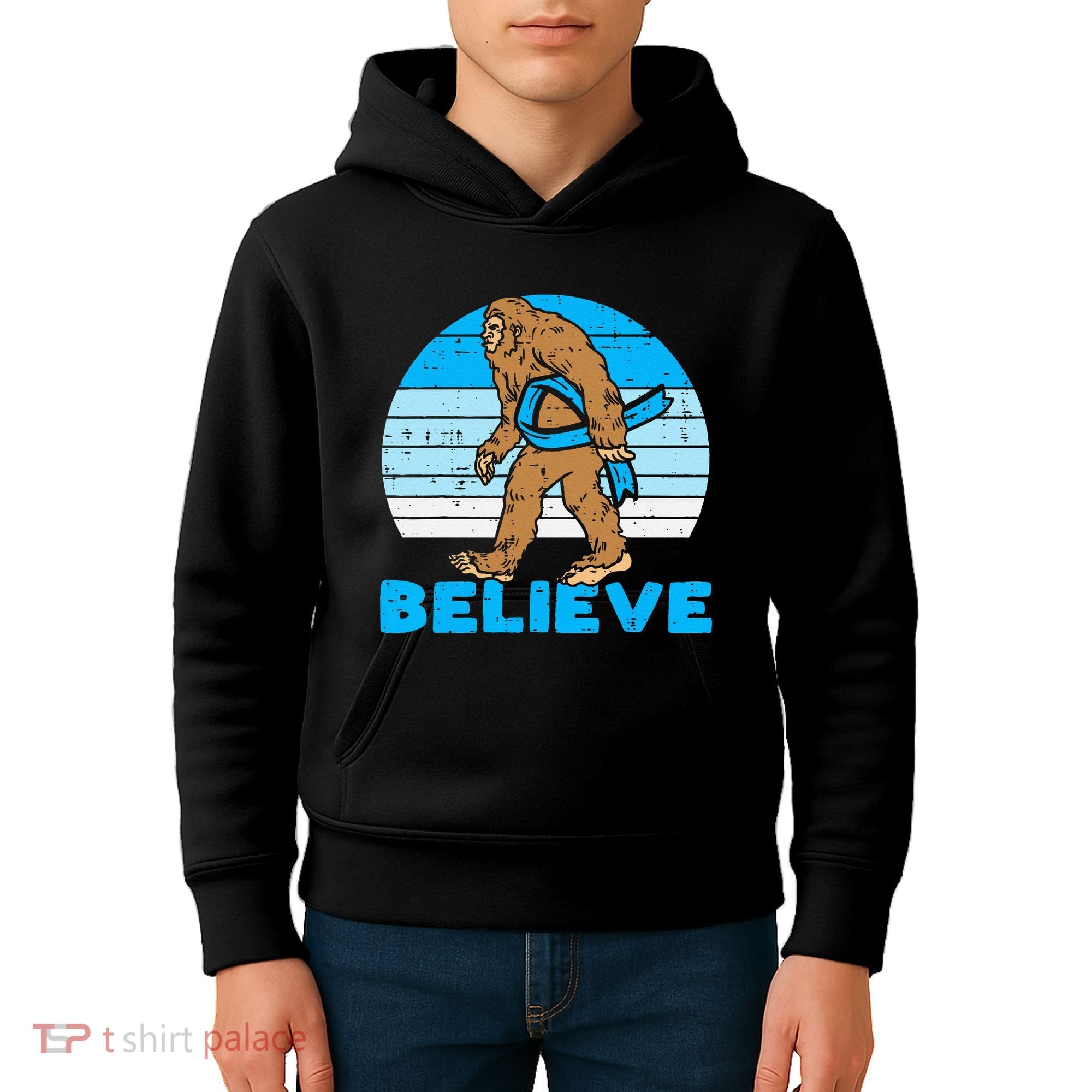 Bigfoot Sasquatch Light Blue Ribbon Prostate Cancer Aware Kids Hoodie