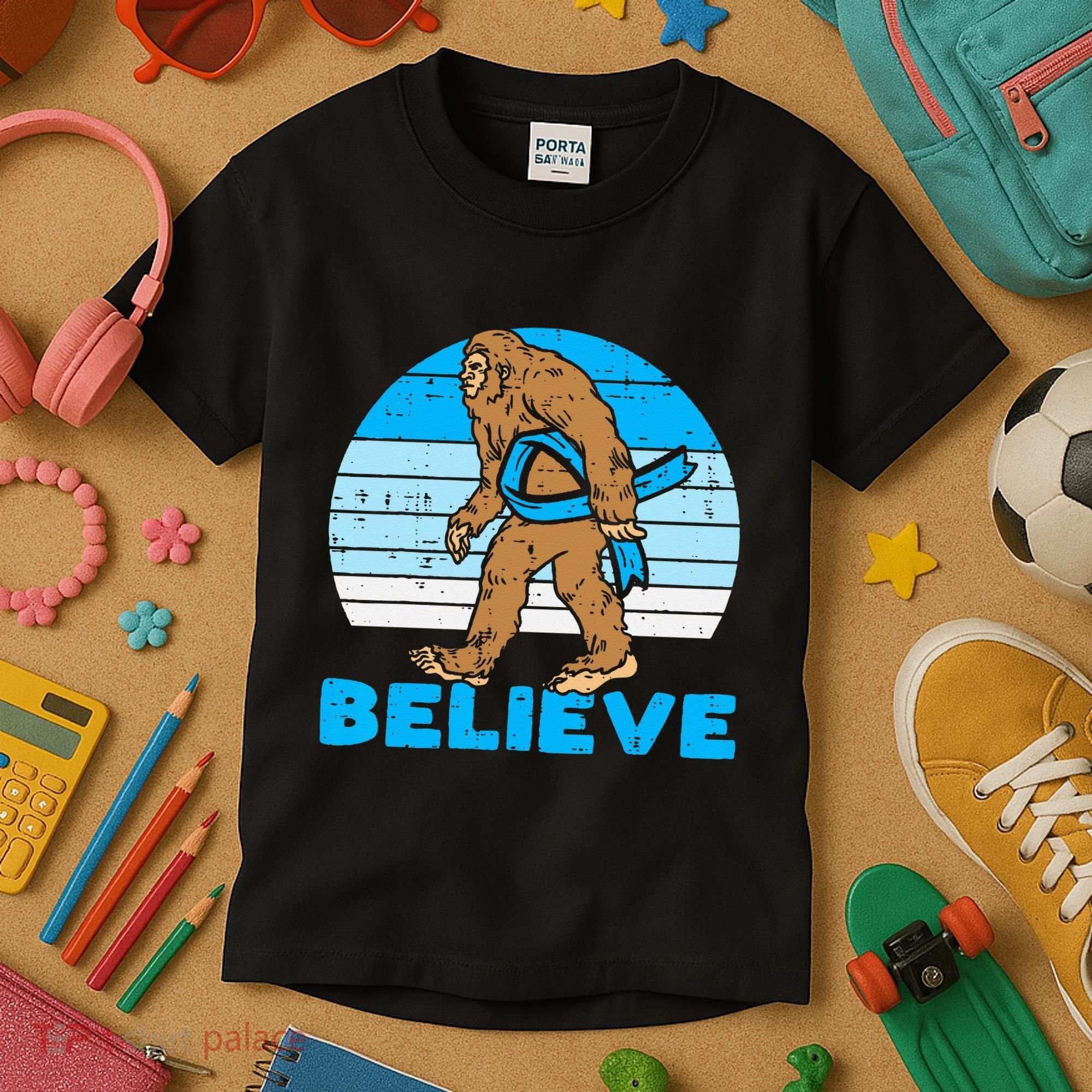Bigfoot Sasquatch Light Blue Ribbon Prostate Cancer Aware Kids T-Shirt